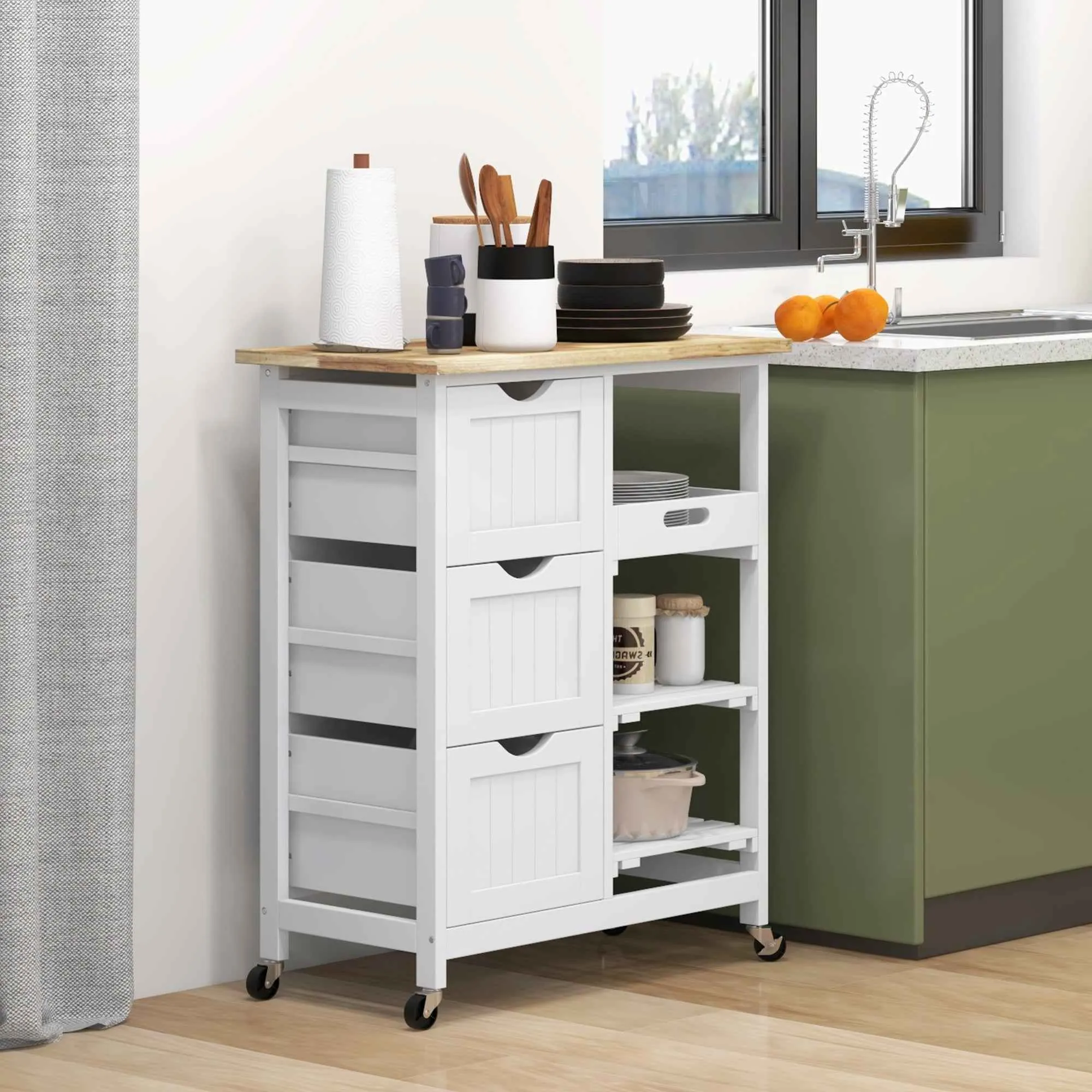 HOMCOM Wooden Kitchen Cart with 3 Drawers and 3 Open Shelves, 67x37x85.5 cm, White - Image 2