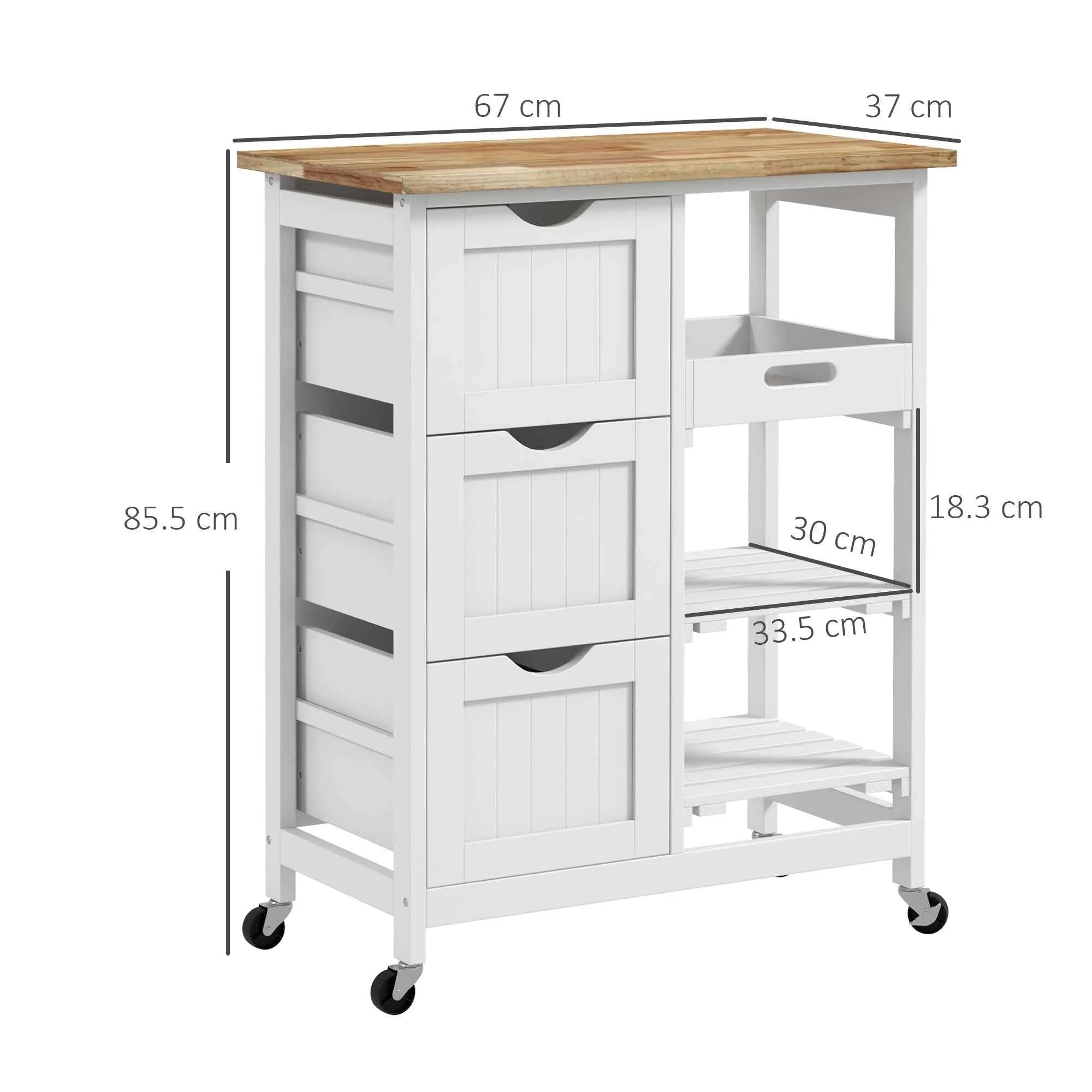 HOMCOM Wooden Kitchen Cart with 3 Drawers and 3 Open Shelves, 67x37x85.5 cm, White - Image 3