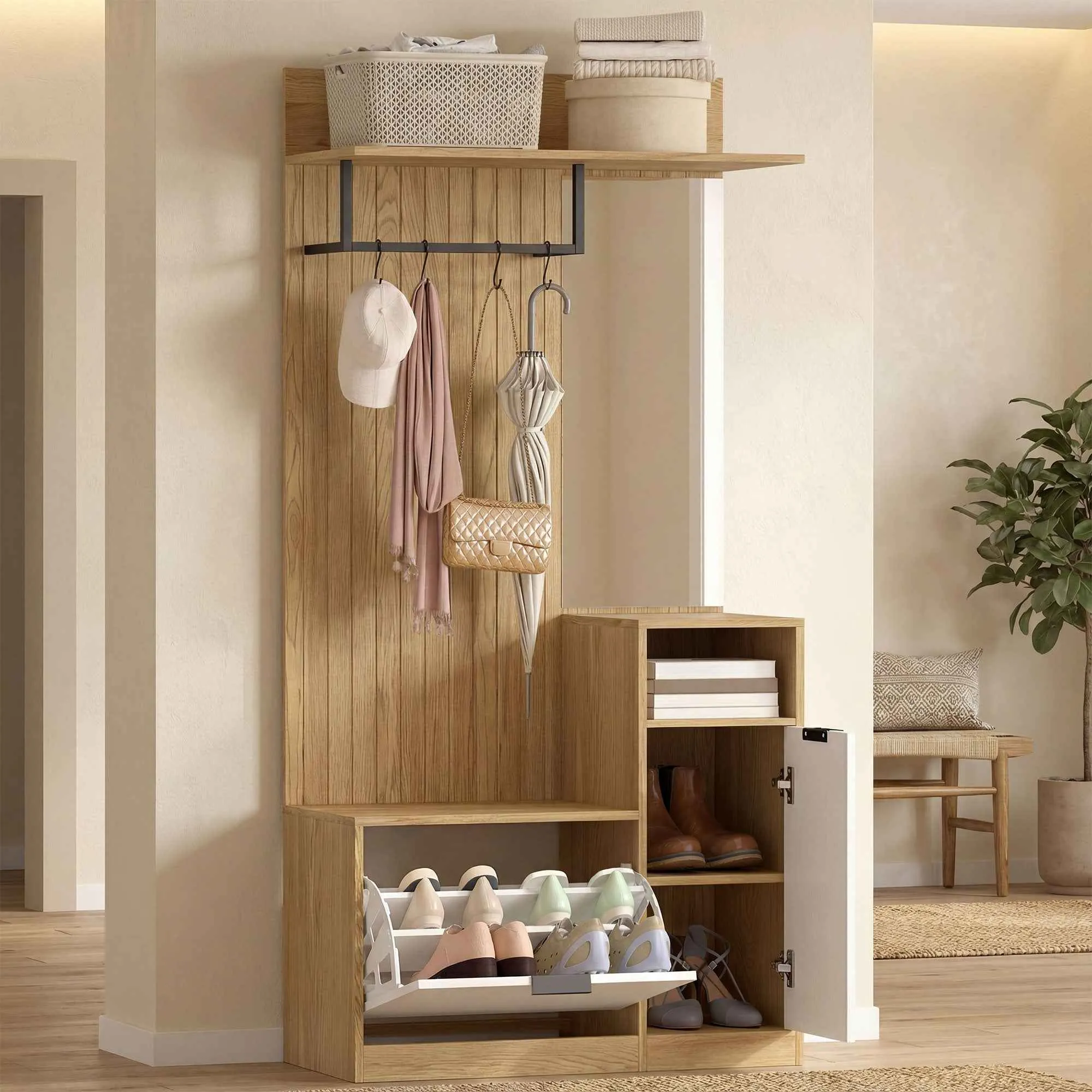 HOMCOM Hallway Coat Rack with Rod, 4 Hooks, Bench with Shoe Rack and Cabinet, Oak and White - Image 2