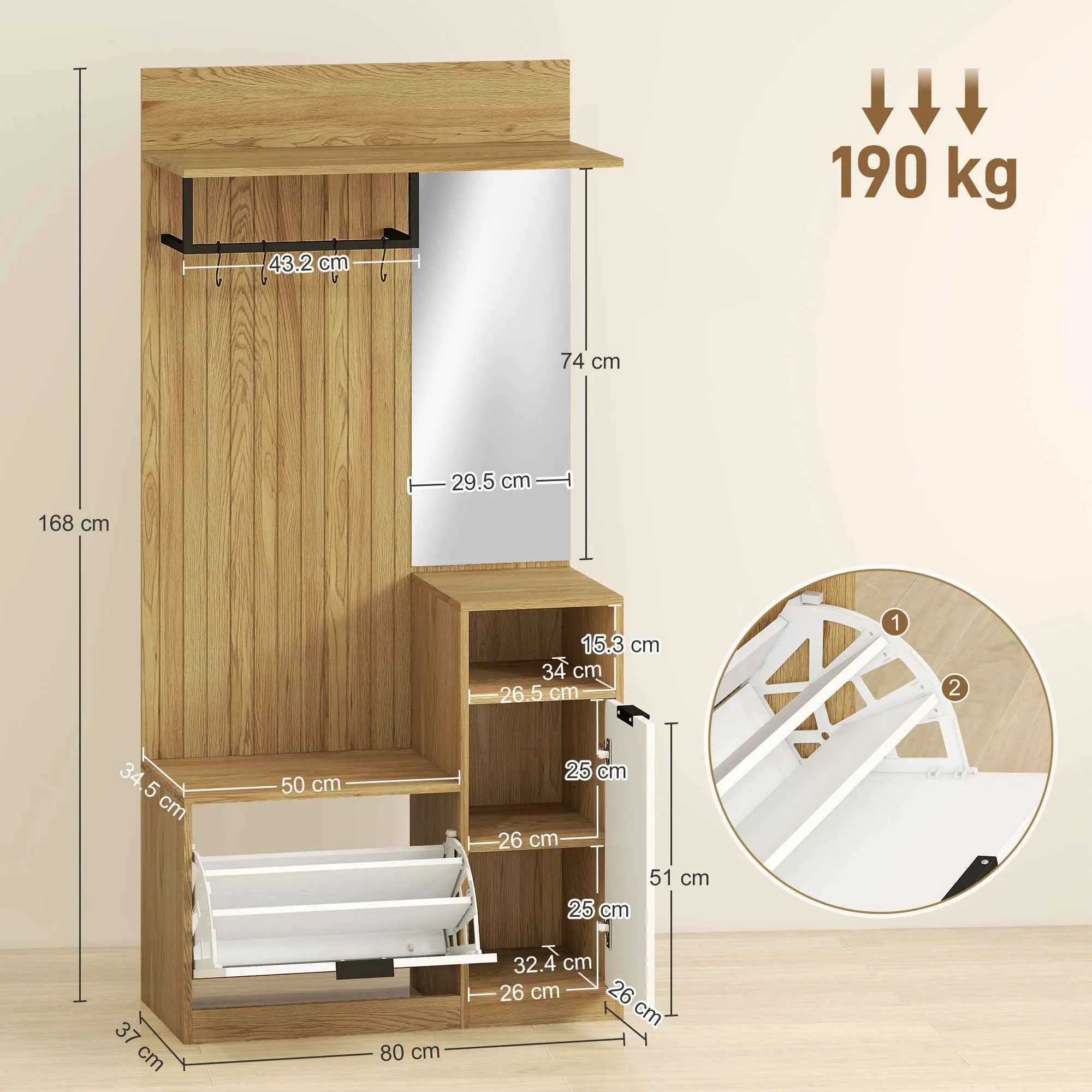 HOMCOM Hallway Coat Rack with Rod, 4 Hooks, Bench with Shoe Rack and Cabinet, Oak and White - Image 3