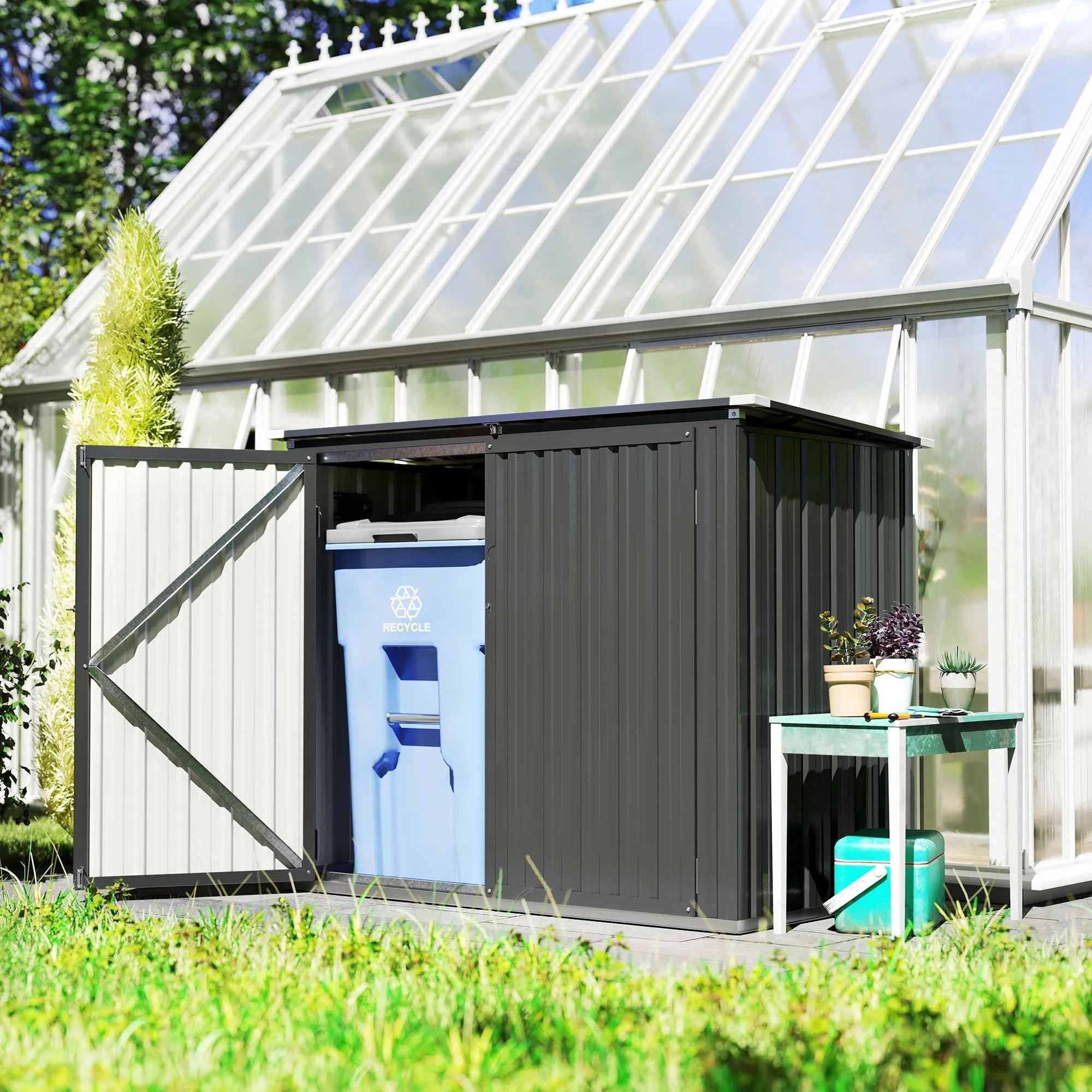 Outsunny Outdoor Steel Bin Shed with 2 Lockable Doors and Opening Roof, Grey - Image 2