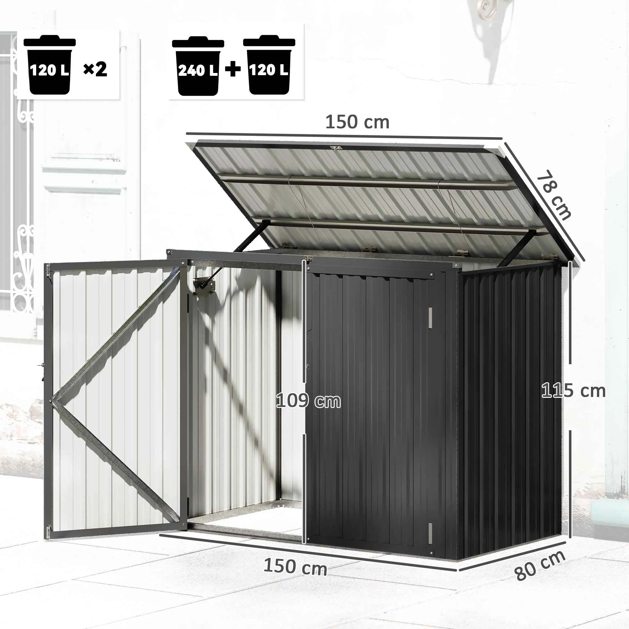 Outsunny Outdoor Steel Bin Shed with 2 Lockable Doors and Opening Roof, Grey - Image 3
