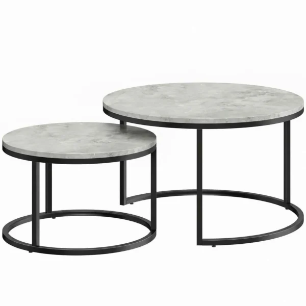 HOMCOM Set of 2 Round Coffee Tables with Marble Effect Top, in Wood and Metal, Marble Grey
