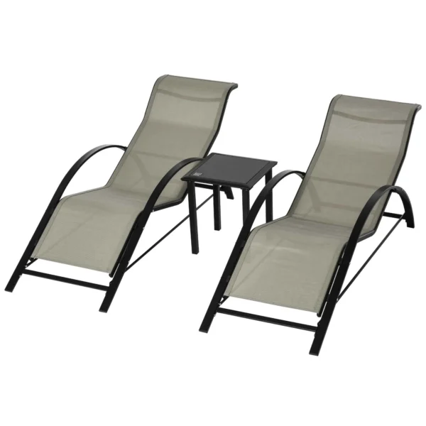 Outsunny Set of 2 Sun Loungers and Coffee Table with Glass Top, 59x169x66 cm, Grey
