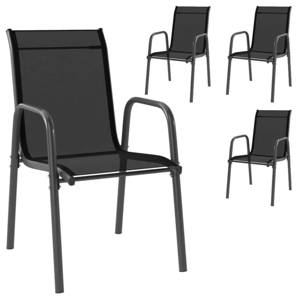 Outsunny Set of 4 Stackable and Breathable Chairs with Armrests and High Backrest, in Metal and Polyester, 51L x 69D x 87H cm, Black