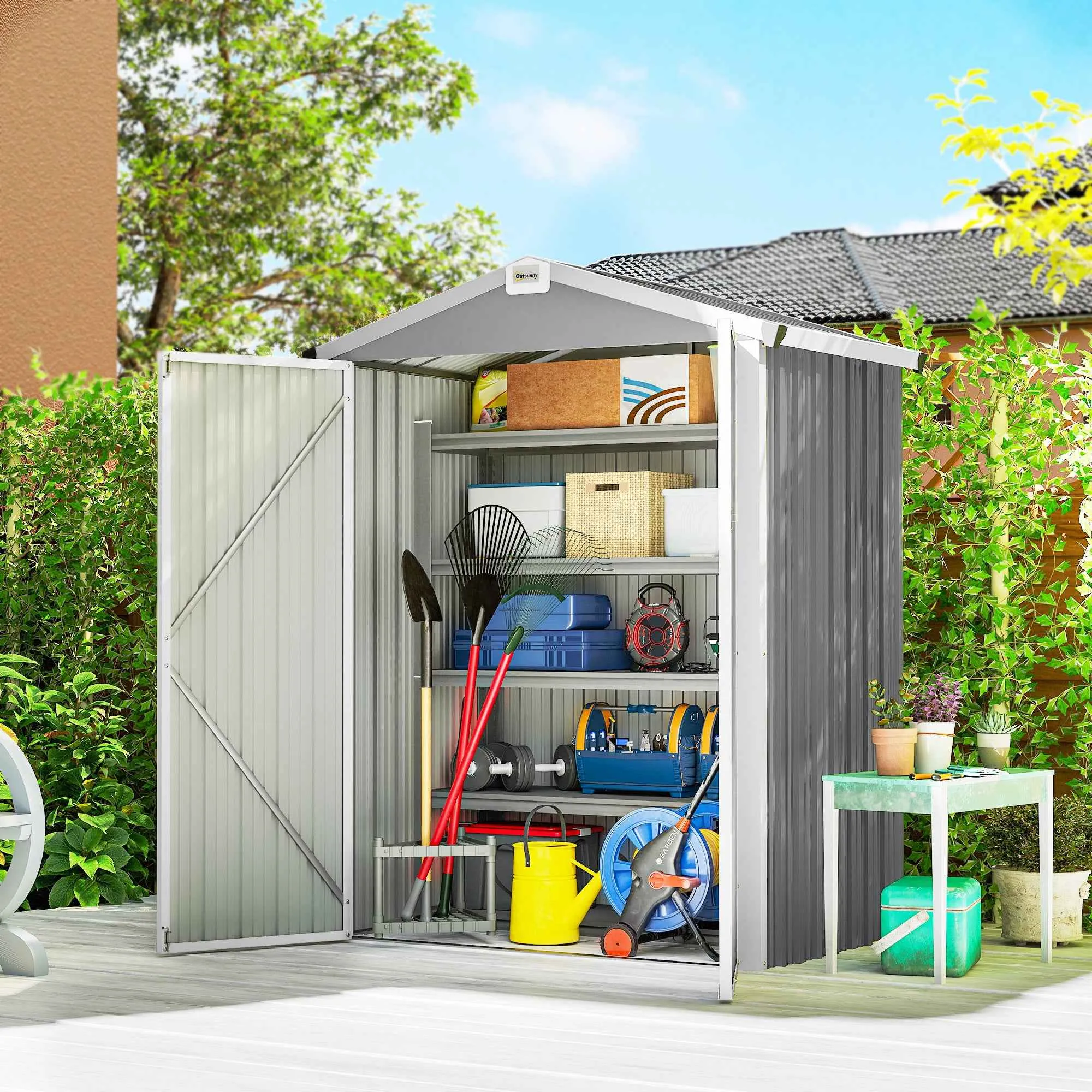 Outsunny 1.1m² Steel Garden Shed with Lockable Double Doors, 133x87x178cm, Silver Grey - Image 2