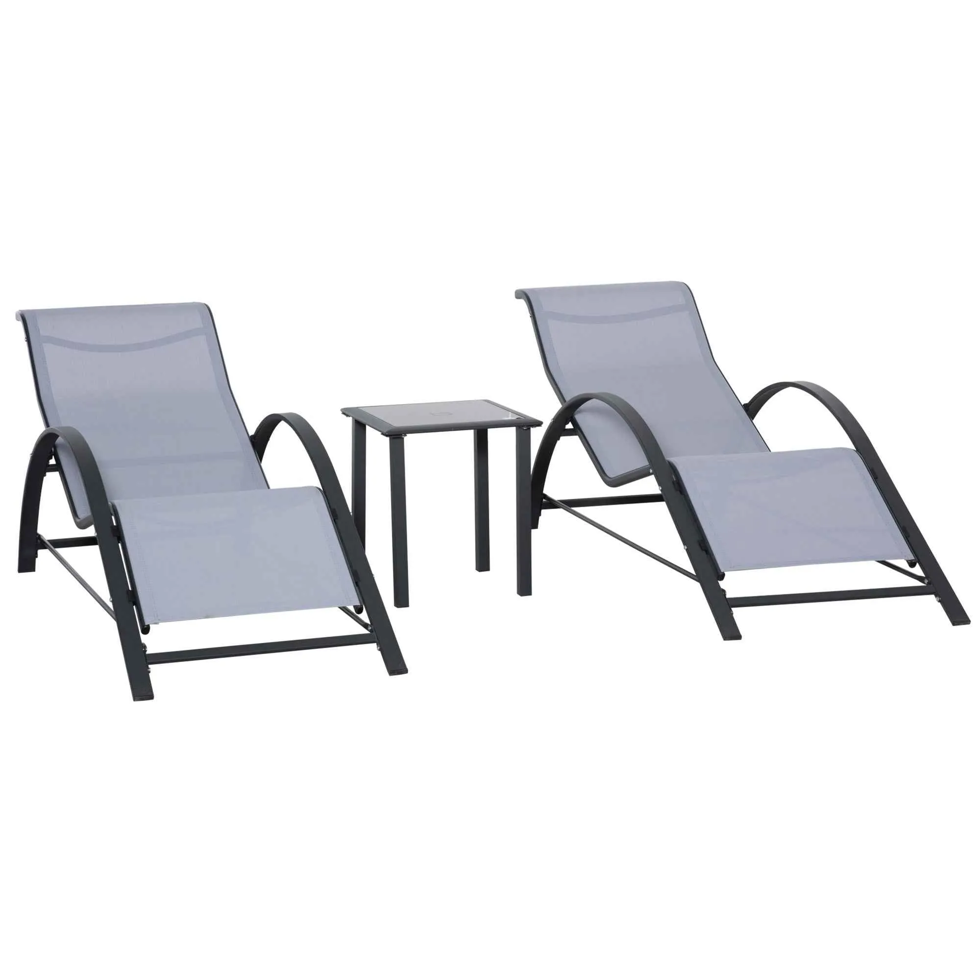Outsunny Set of 2 Sun Loungers and Coffee Table with Glass Top, 59x169x66 cm, Light Grey
