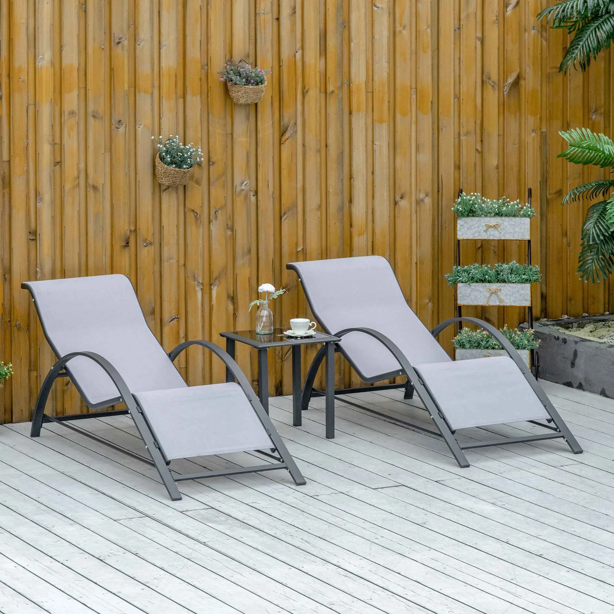 Outsunny Set of 2 Sun Loungers and Coffee Table with Glass Top, 59x169x66 cm, Light Grey - Image 2