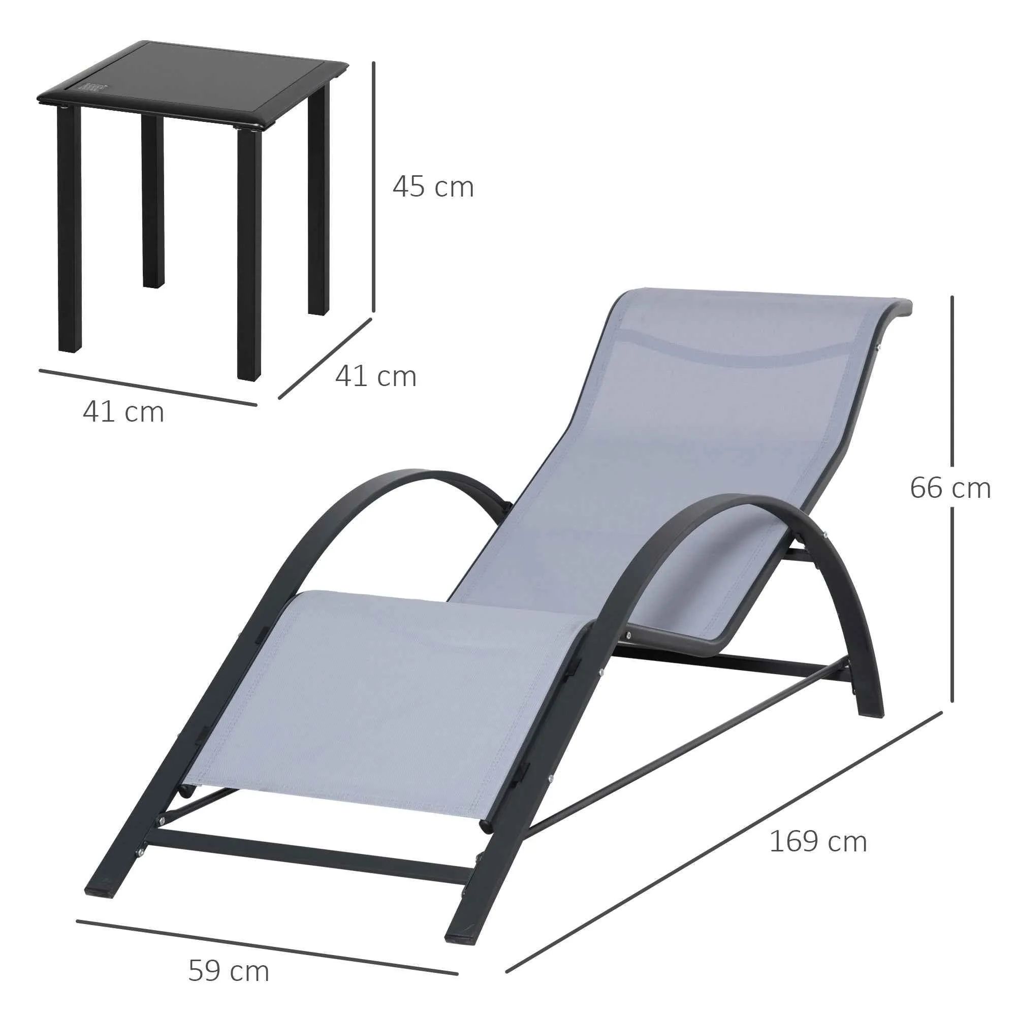 Outsunny Set of 2 Sun Loungers and Coffee Table with Glass Top, 59x169x66 cm, Light Grey - Image 3