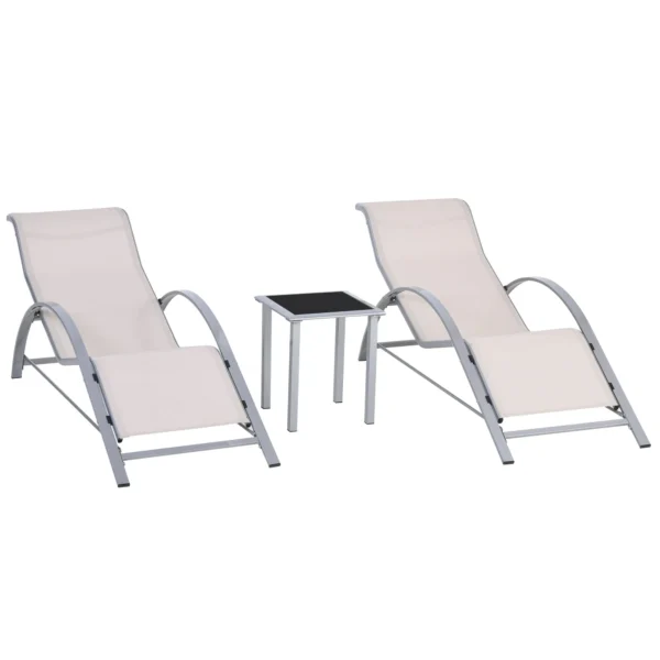 Outsunny Set of 2 Sun Loungers and Coffee Table with Glass Top, 59x169x66 cm, Cream