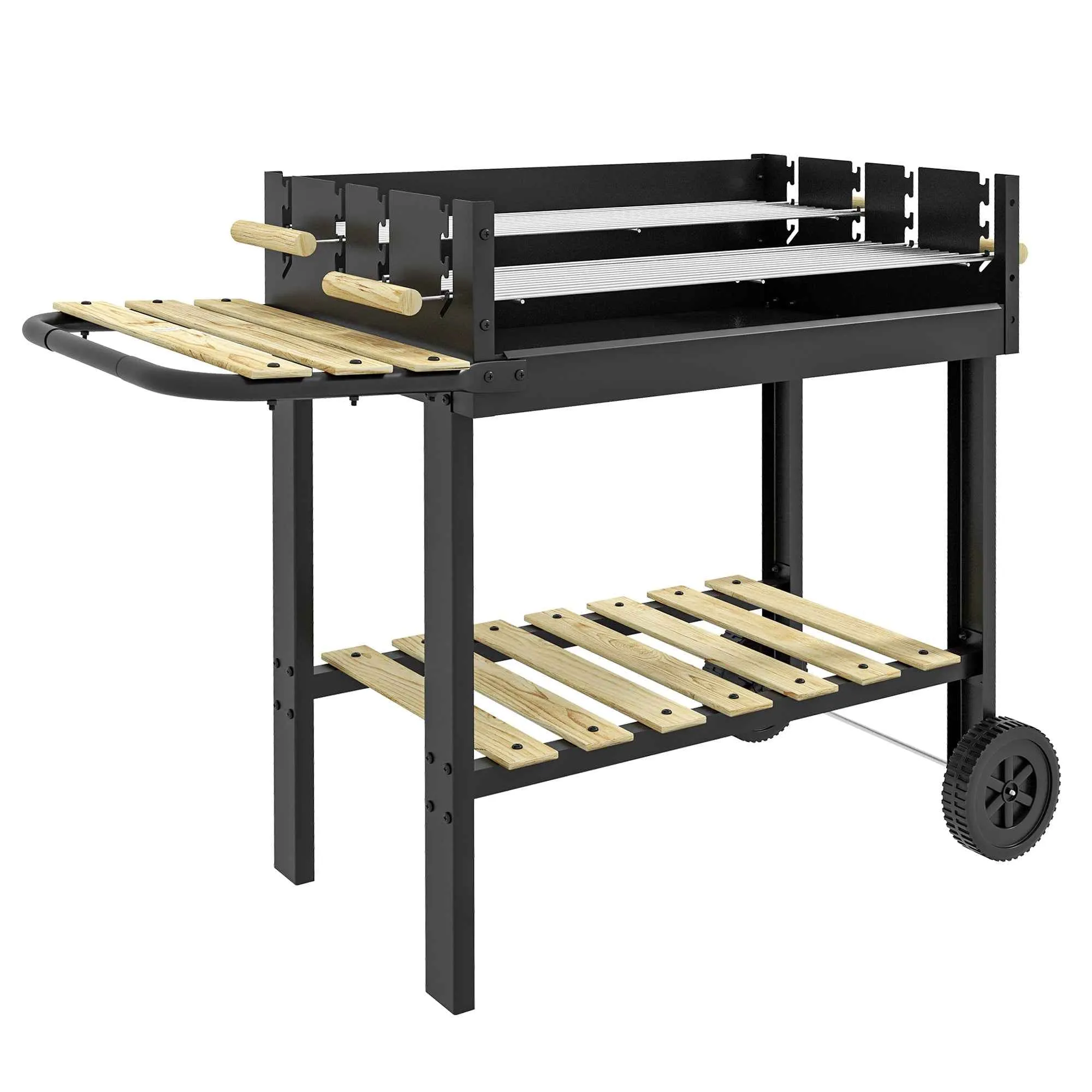 Outsunny Adjustable Height Charcoal Barbecue with 2 Grills and 2 Shelves, Metal and Wood, 113x53.5x82.5 cm, Black