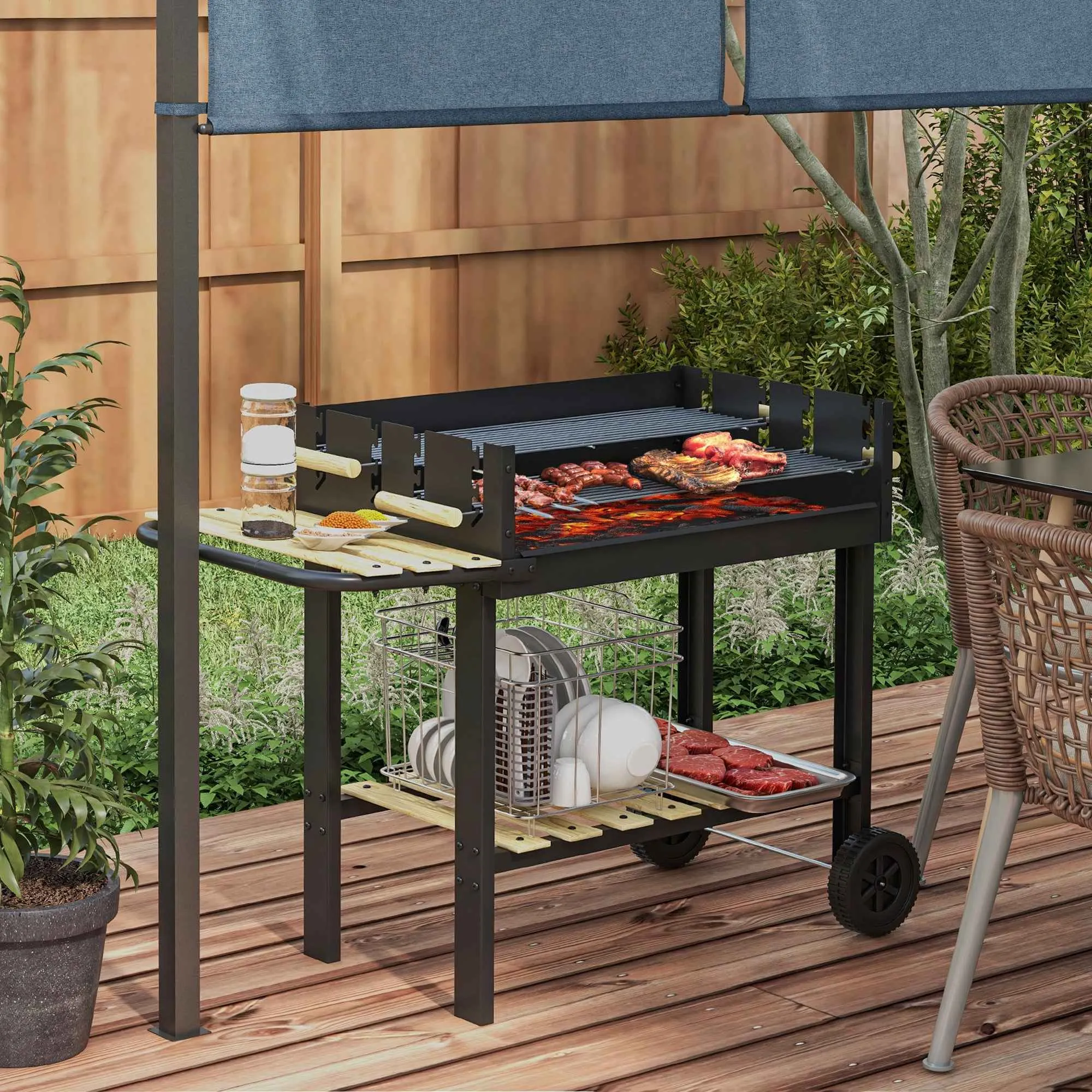 Outsunny Adjustable Height Charcoal Barbecue with 2 Grills and 2 Shelves, Metal and Wood, 113x53.5x82.5 cm, Black - Image 2