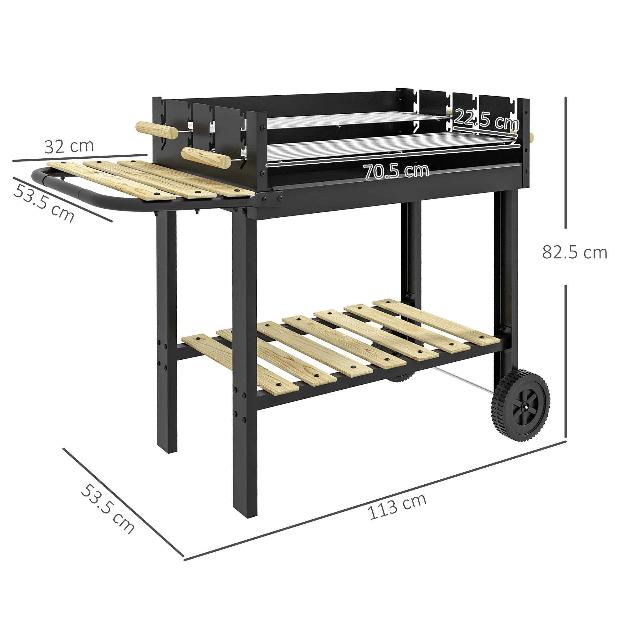 Outsunny Adjustable Height Charcoal Barbecue with 2 Grills and 2 Shelves, Metal and Wood, 113x53.5x82.5 cm, Black - Image 3