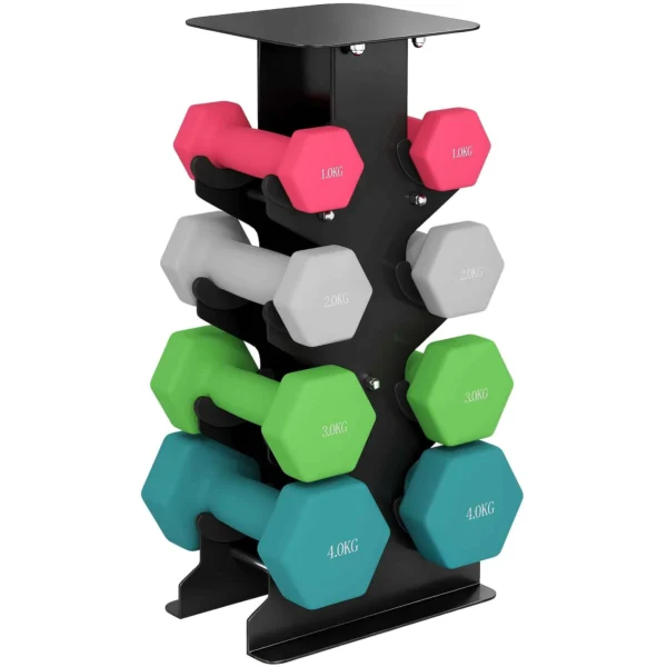 SPORTNOW Set of 8 Non-Slip Hex Dumbbells with Stand, in Metal and Plastic, Multicolored