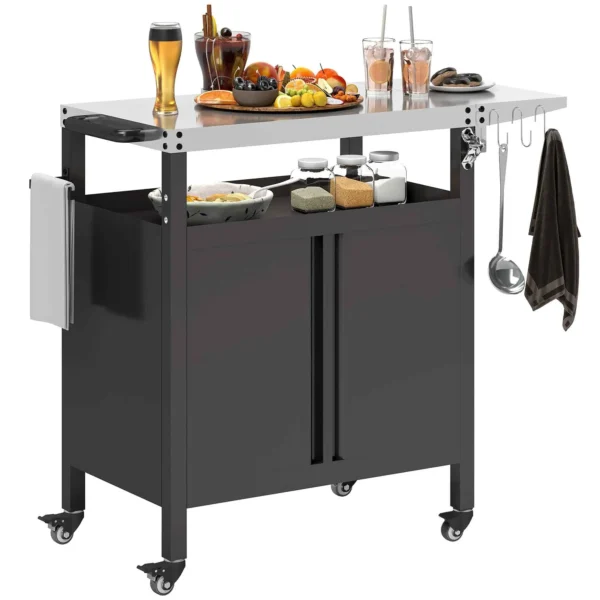 Outsunny Stainless Steel Barbecue Cart with Cabinet, Open Shelf and Side Table, 116x50x93 cm, Black
