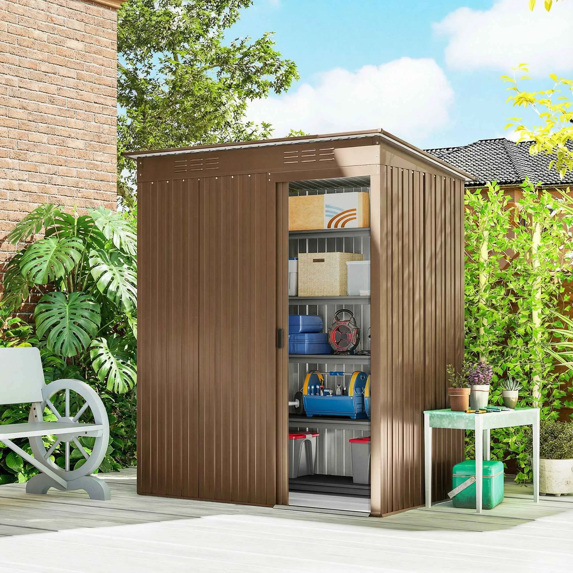 Outsunny Metal Garden Shed with Vents and Sliding Door, 159x106x181 cm, Brown - Image 2