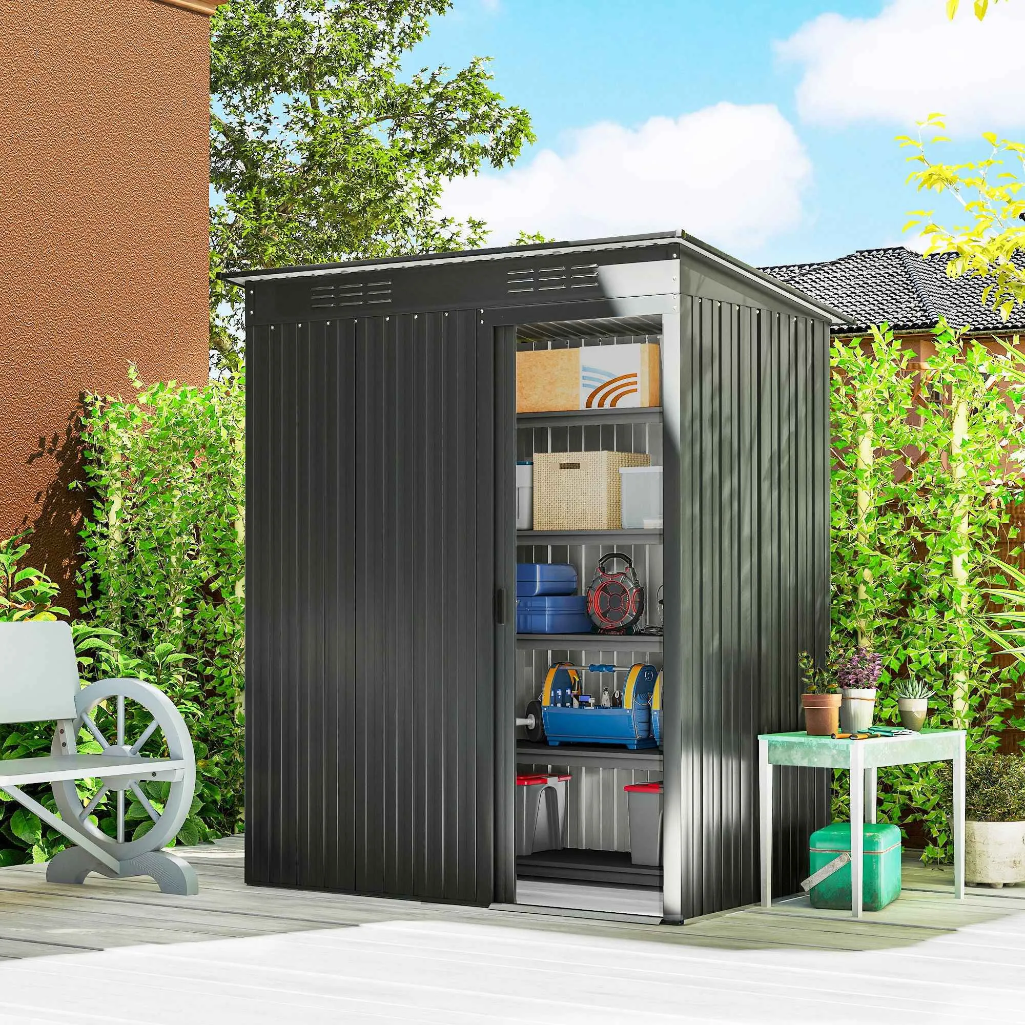 Outsunny Metal Garden Shed with Vents and Sliding Door, 159x106x181 cm, Dark Grey - Image 2