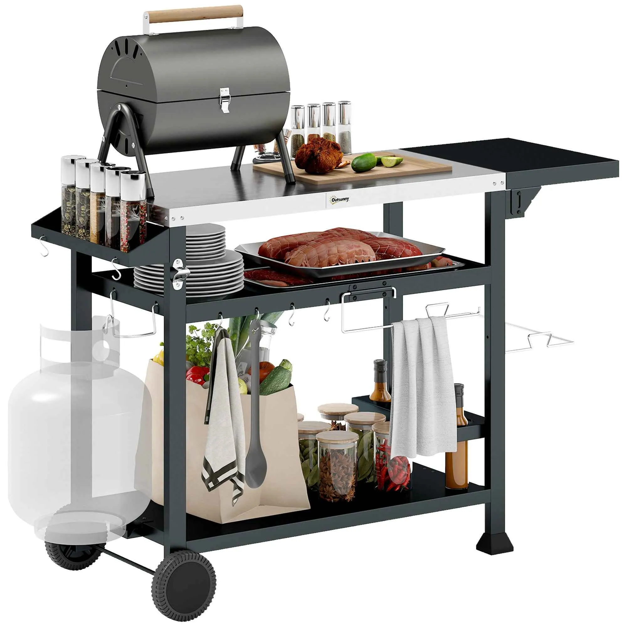 Outsunny Barbecue Cart with Folding Stainless Steel Table, 2 Wheels and Accessories, 125x65x84 cm, Black