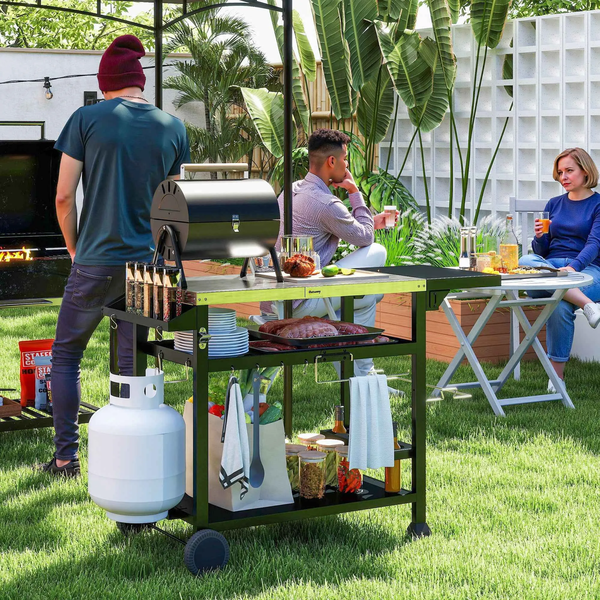 Outsunny Barbecue Cart with Folding Stainless Steel Table, 2 Wheels and Accessories, 125x65x84 cm, Black - Image 2