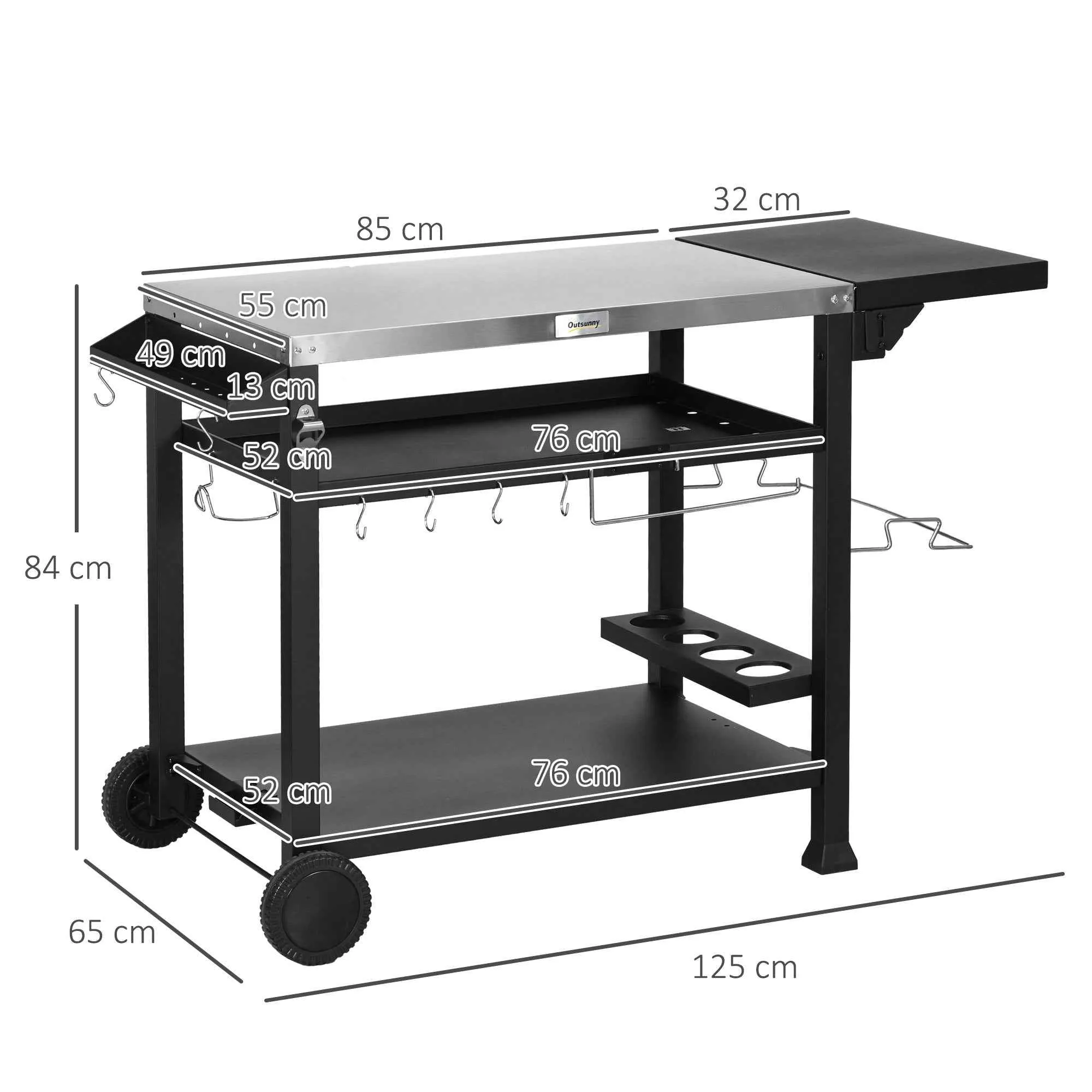 Outsunny Barbecue Cart with Folding Stainless Steel Table, 2 Wheels and Accessories, 125x65x84 cm, Black - Image 3