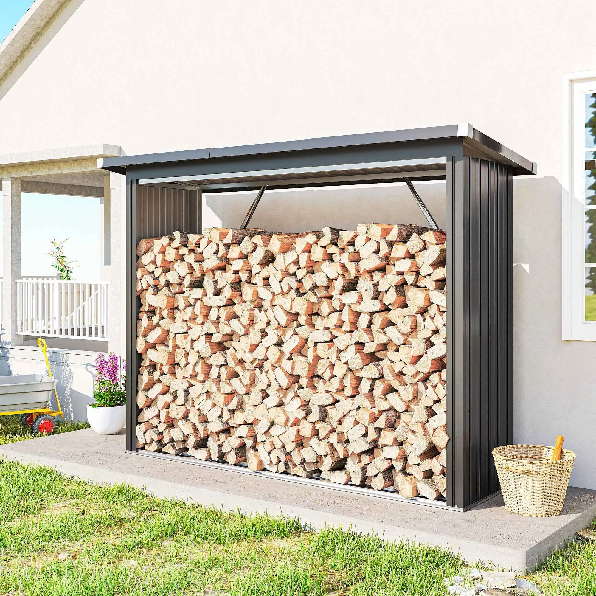 Outsunny Outdoor Steel Log Shed, Raised Base and Sloped Roof, 213x66.5x150 cm, Dark Grey - Image 2