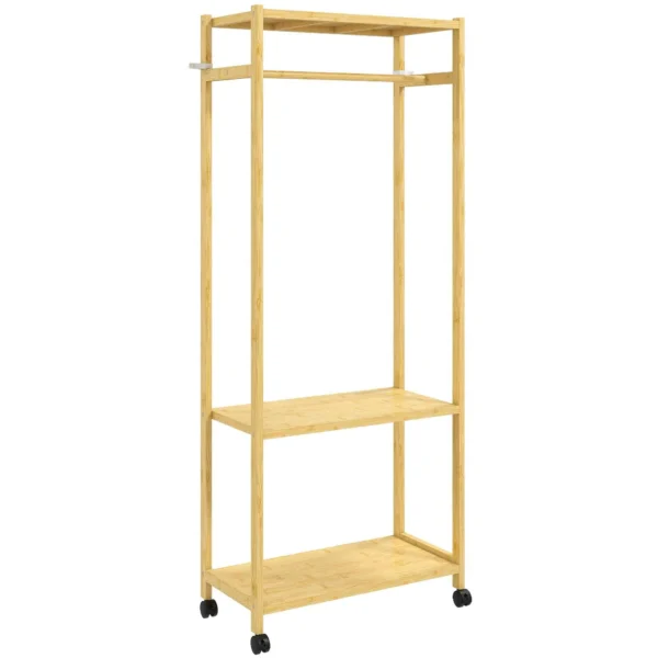 HOMCOM Freestanding Coat Rack with Rail, Shelves and 4 Bamboo Wheels, 70x35x175 cm, Natural Wood