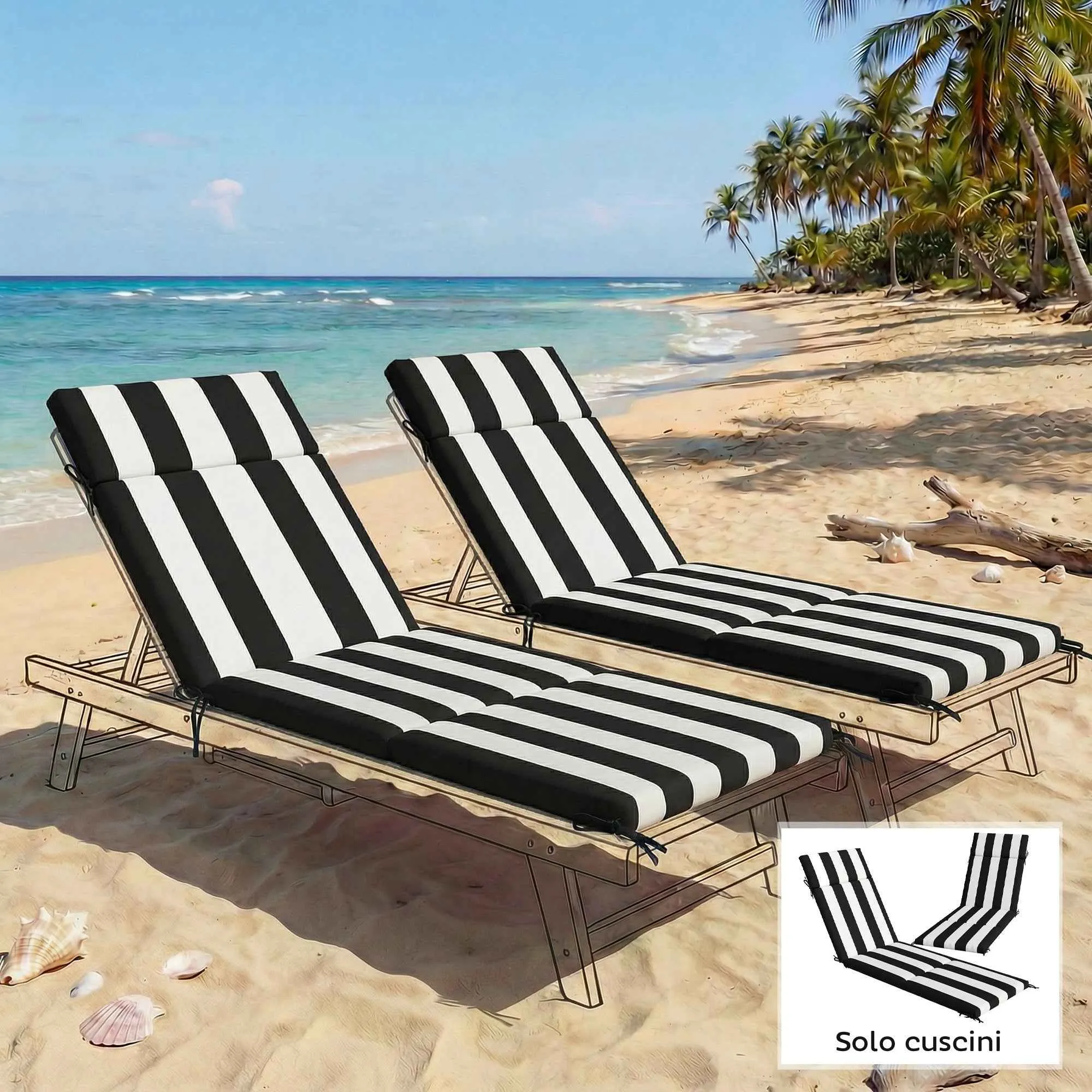 Outsunny Set of 2 Outdoor Chair Cushions with 6 Attachment Ties, Cotton, 183x54x6.5 cm, Black and White - Image 2