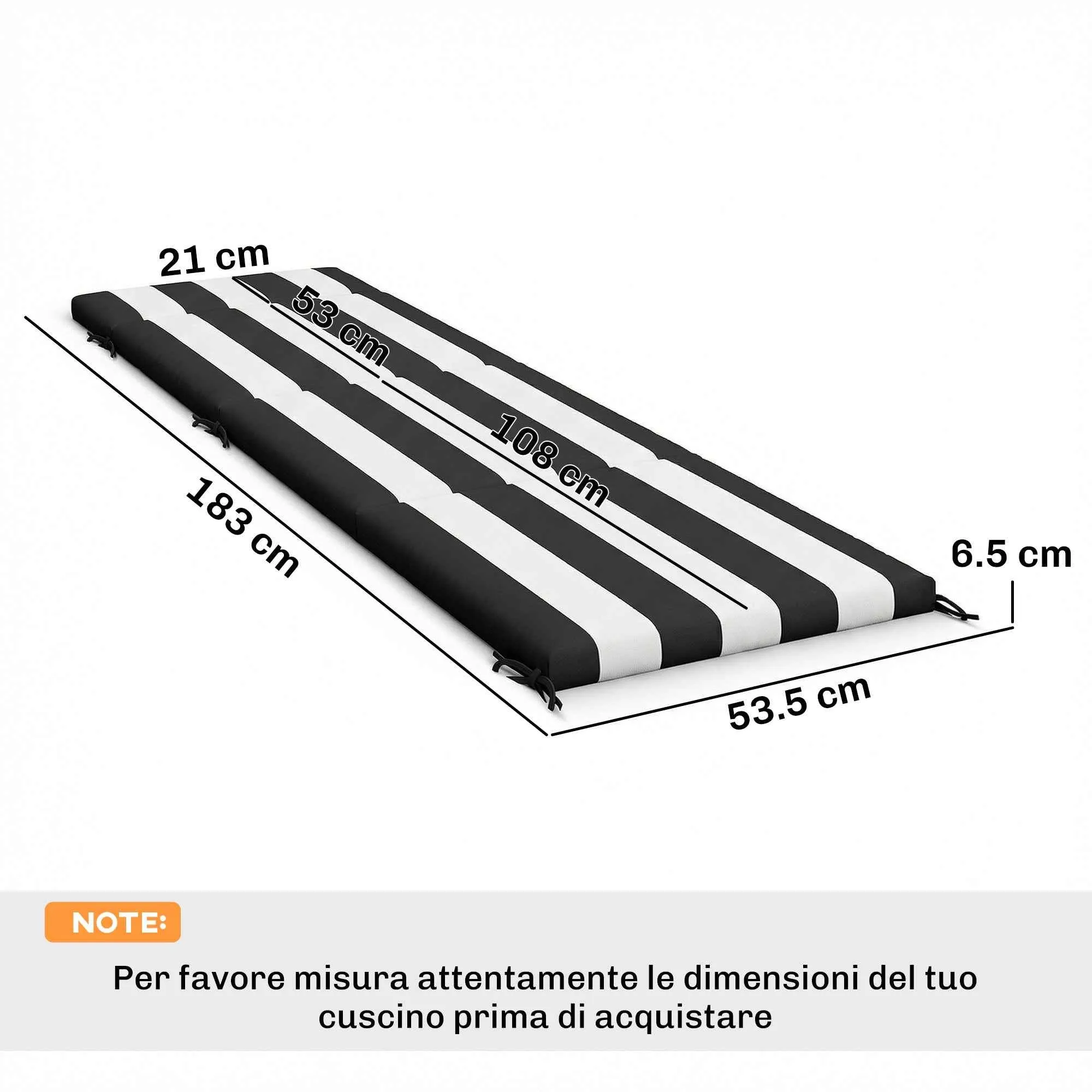 Outsunny Set of 2 Outdoor Chair Cushions with 6 Attachment Ties, Cotton, 183x54x6.5 cm, Black and White - Image 3