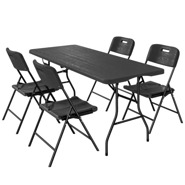 Outsunny 5-Piece Camping Table and Chair Set with Folding Table and 4 Chairs, in HDPE and Black Metal