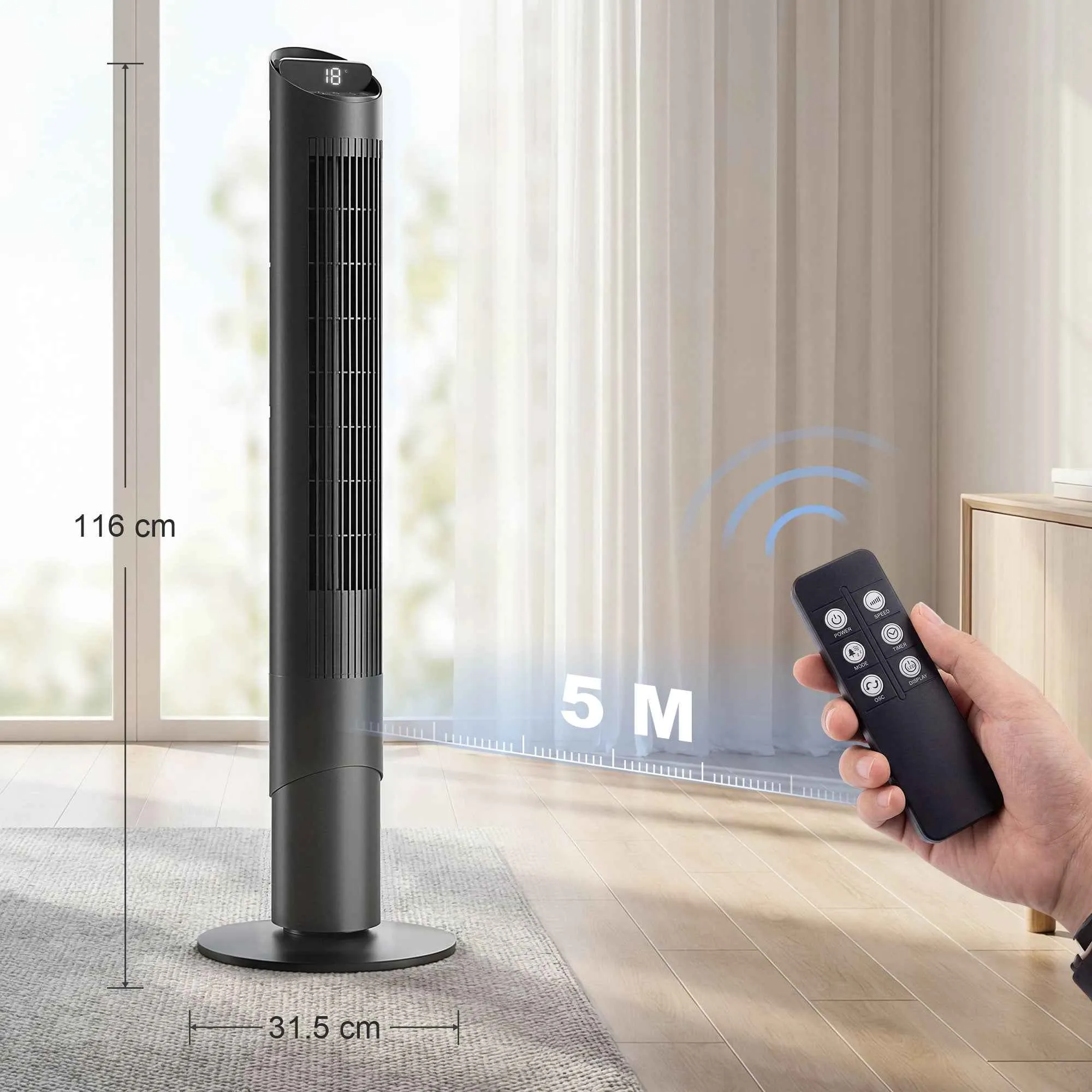 HOMCOM 116cm Tower Fan, WiFi App Control, Bedroom Fan, Black - Image 3