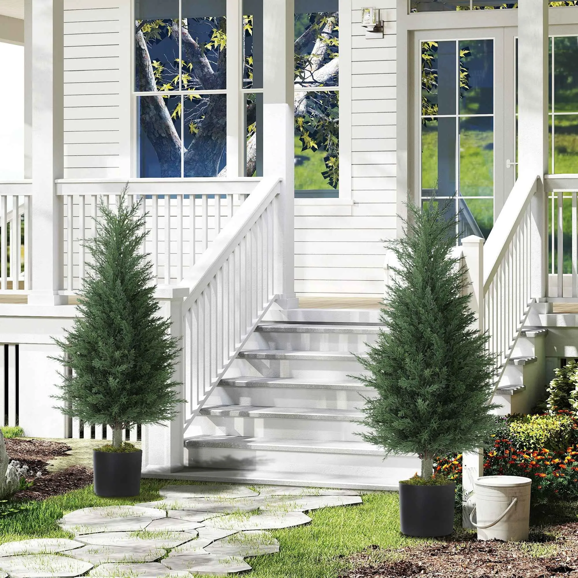 Outsunny Set of 2 Artificial Cypress Trees, UV-Resistant, Ø40x90 cm, Green - Image 2