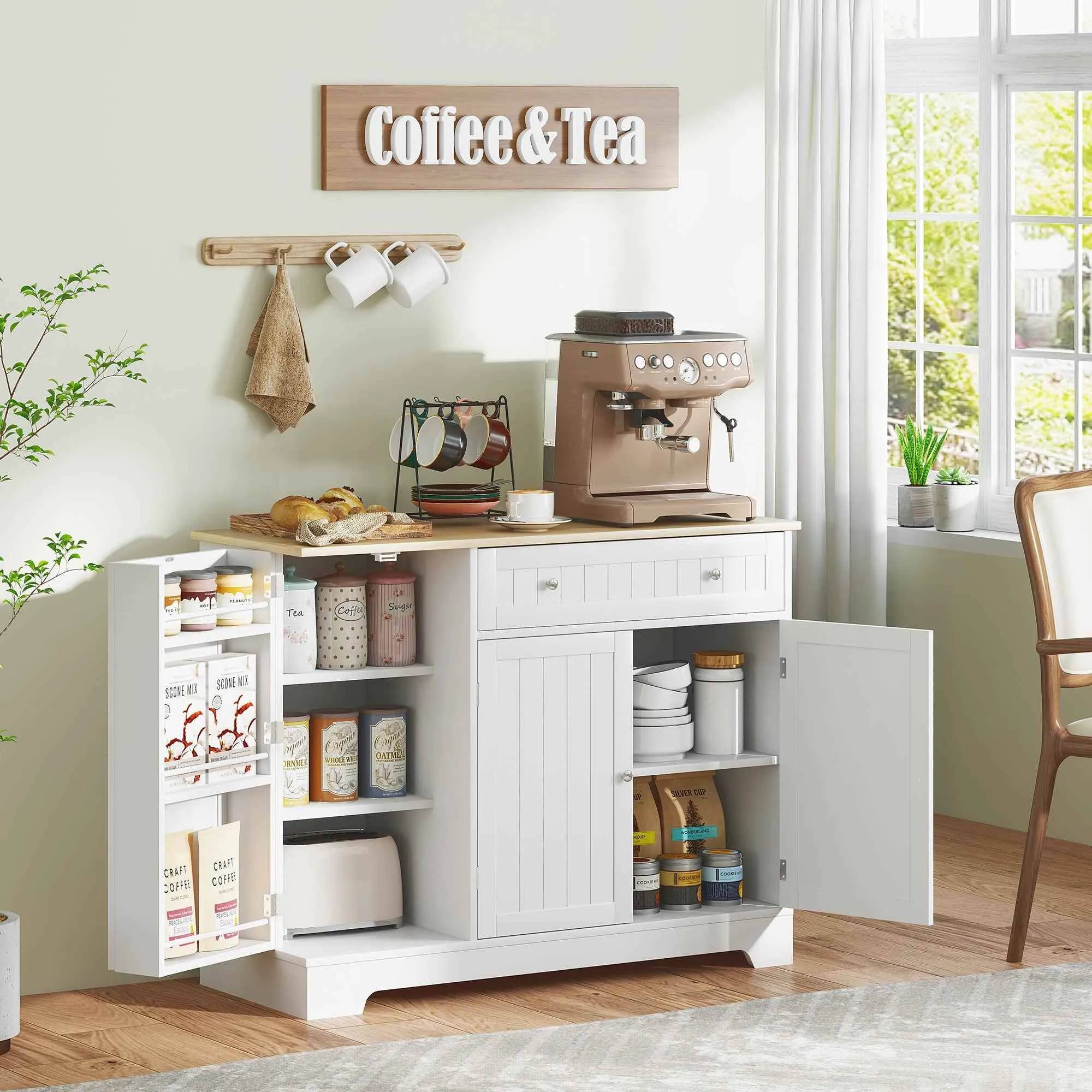 HOMCOM Modern Sideboard with Storage Space, Buffet Cabinet with Drawer, Adjustable Shelves, Small Kitchen Pantry with Door Shelves, White - Image 2