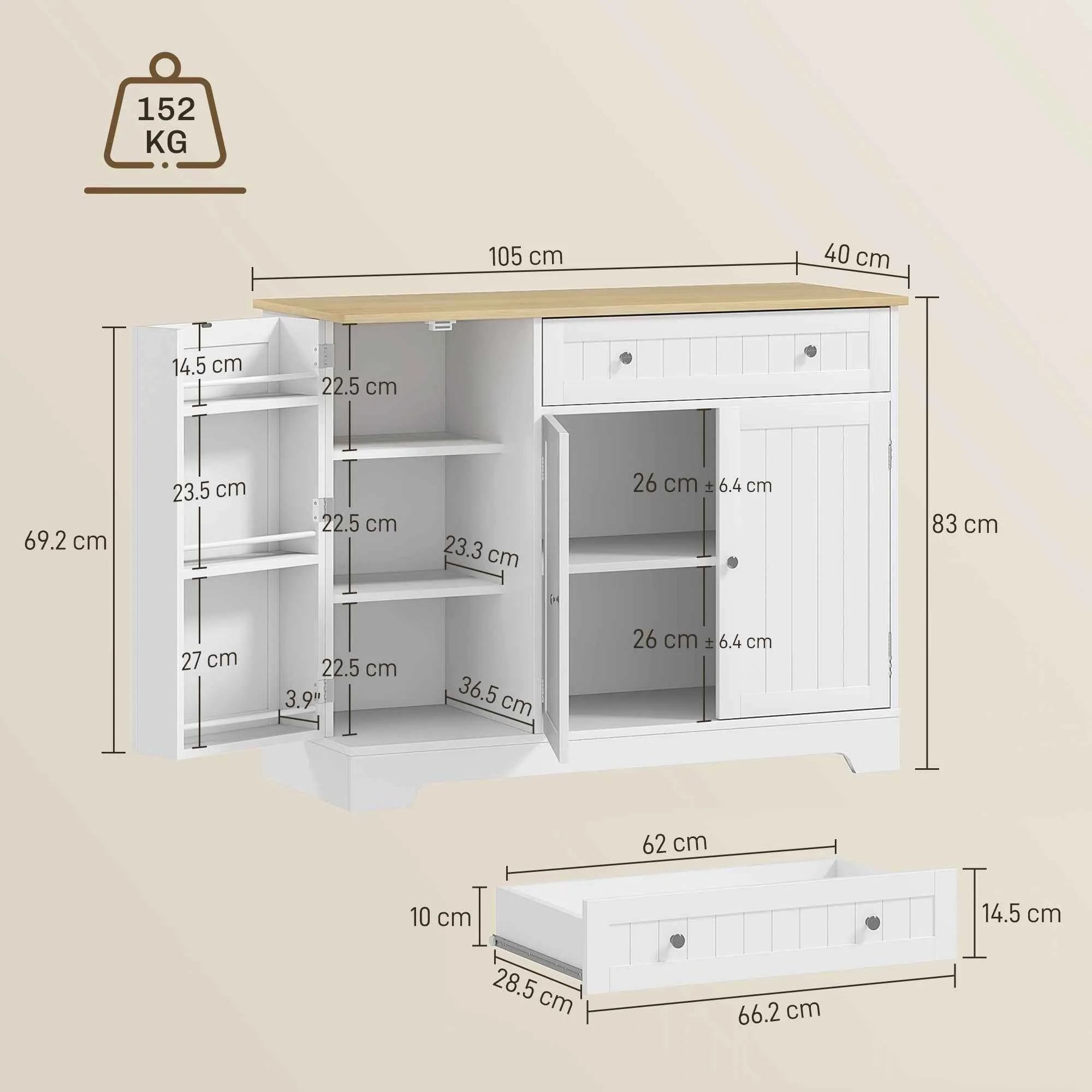 HOMCOM Modern Sideboard with Storage Space, Buffet Cabinet with Drawer, Adjustable Shelves, Small Kitchen Pantry with Door Shelves, White - Image 3