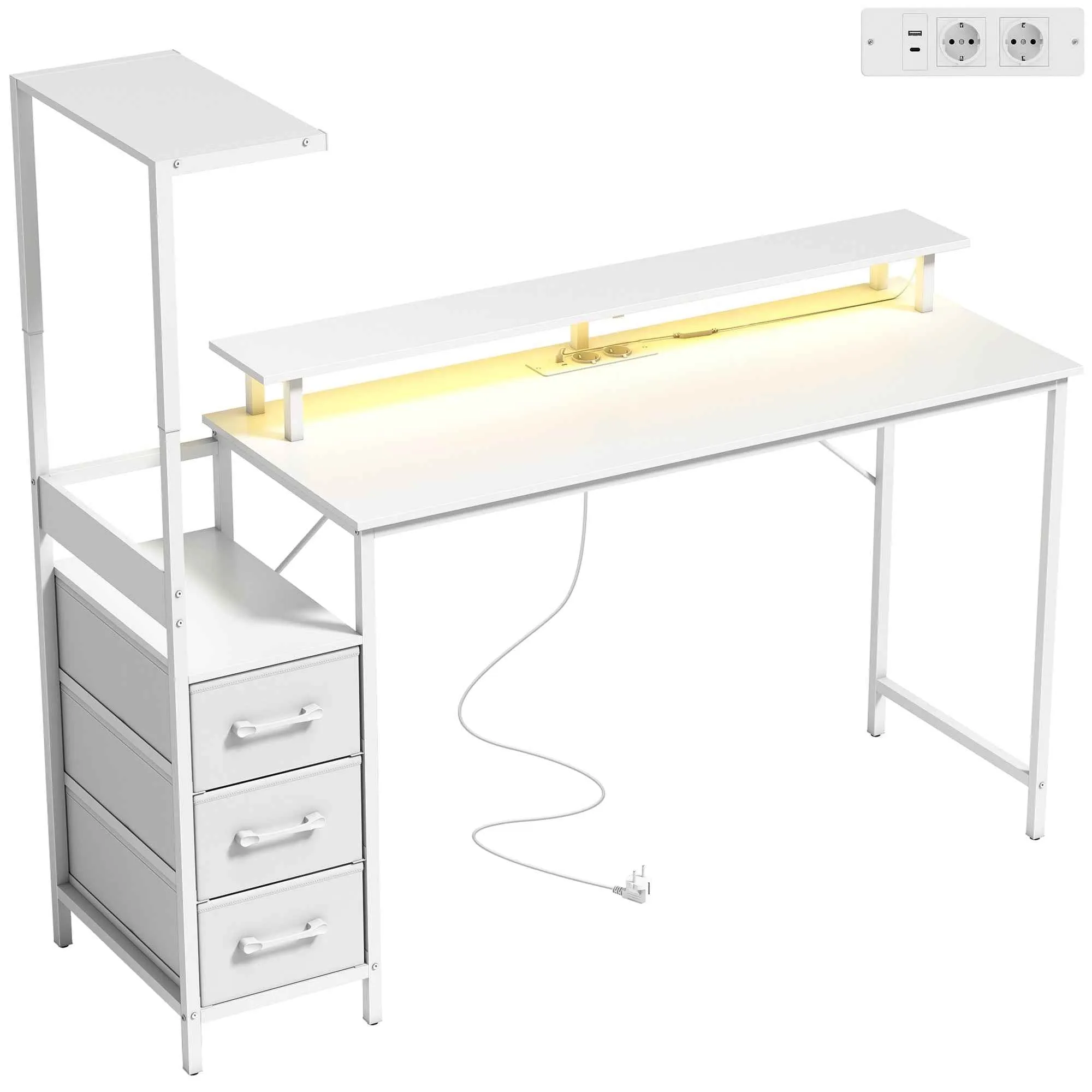 HOMCOM 147cm Gaming Desk, Computer Table with Adjustable and Reversible CPU Stand, RGB Lights, Power Sockets, USB and USB-C Ports, Monitor Stand and 3 Fabric Drawers, White