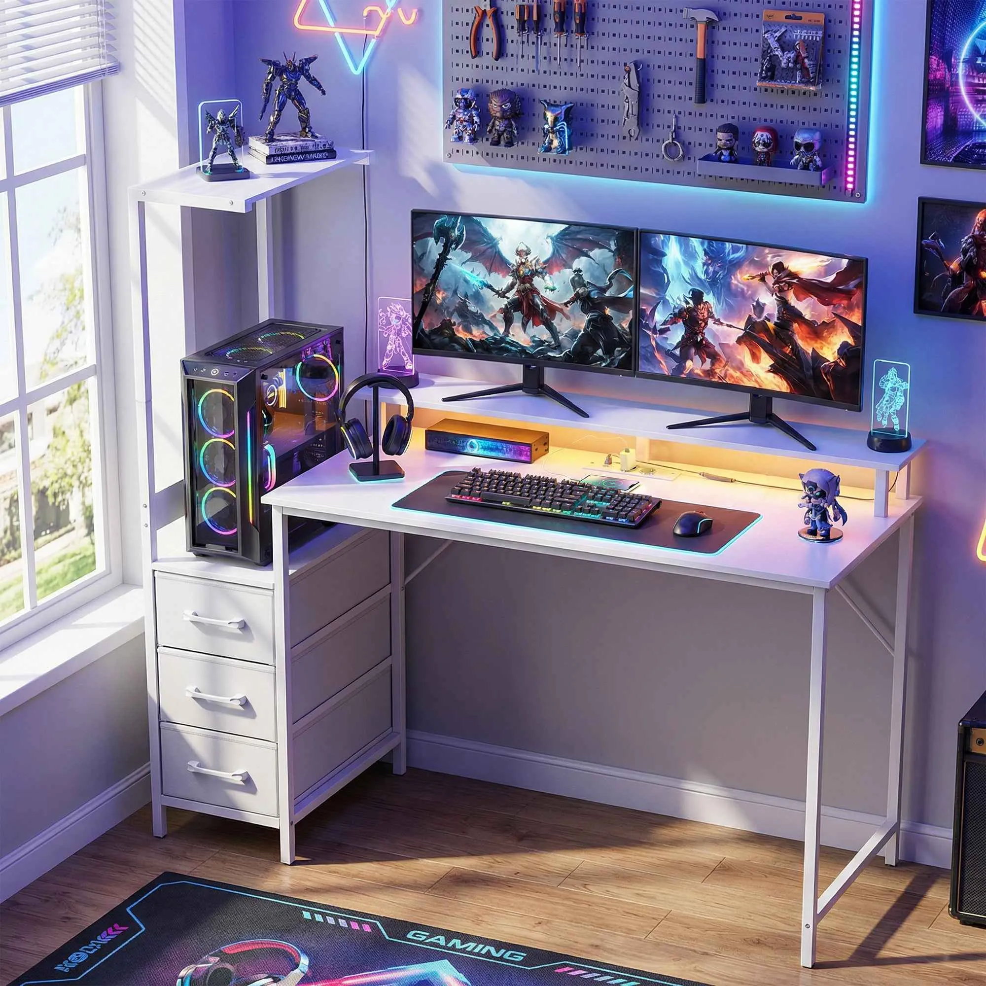HOMCOM 147cm Gaming Desk, Computer Table with Adjustable and Reversible CPU Stand, RGB Lights, Power Sockets, USB and USB-C Ports, Monitor Stand and 3 Fabric Drawers, White - Image 2