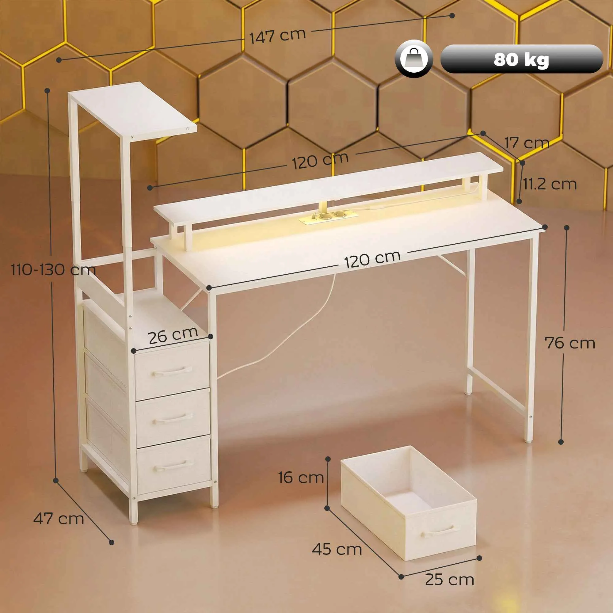 HOMCOM 147cm Gaming Desk, Computer Table with Adjustable and Reversible CPU Stand, RGB Lights, Power Sockets, USB and USB-C Ports, Monitor Stand and 3 Fabric Drawers, White - Image 3