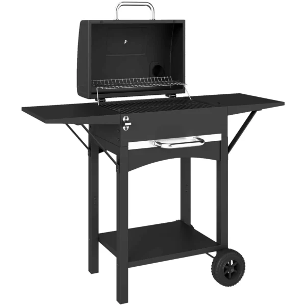 Outsunny Charcoal Barbecue with 2 Side Shelves, Thermometer, Lid and Wheels, 110x46.5x101 cm, Black