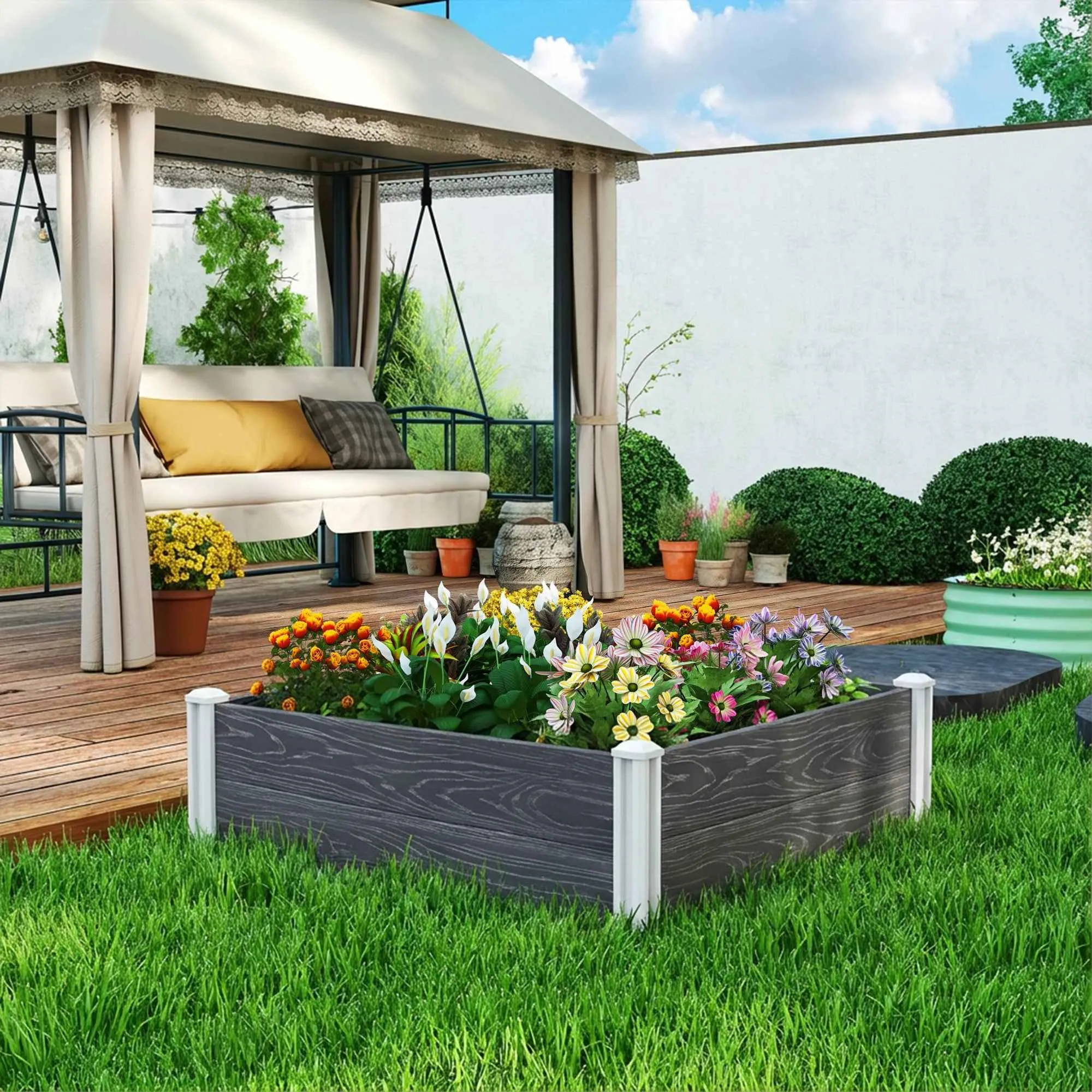 Outsunny Outdoor Vinyl Planter with Open Bottom and Interlocking Design, 102 x 102 x 33 cm, Dark Grey - Image 2