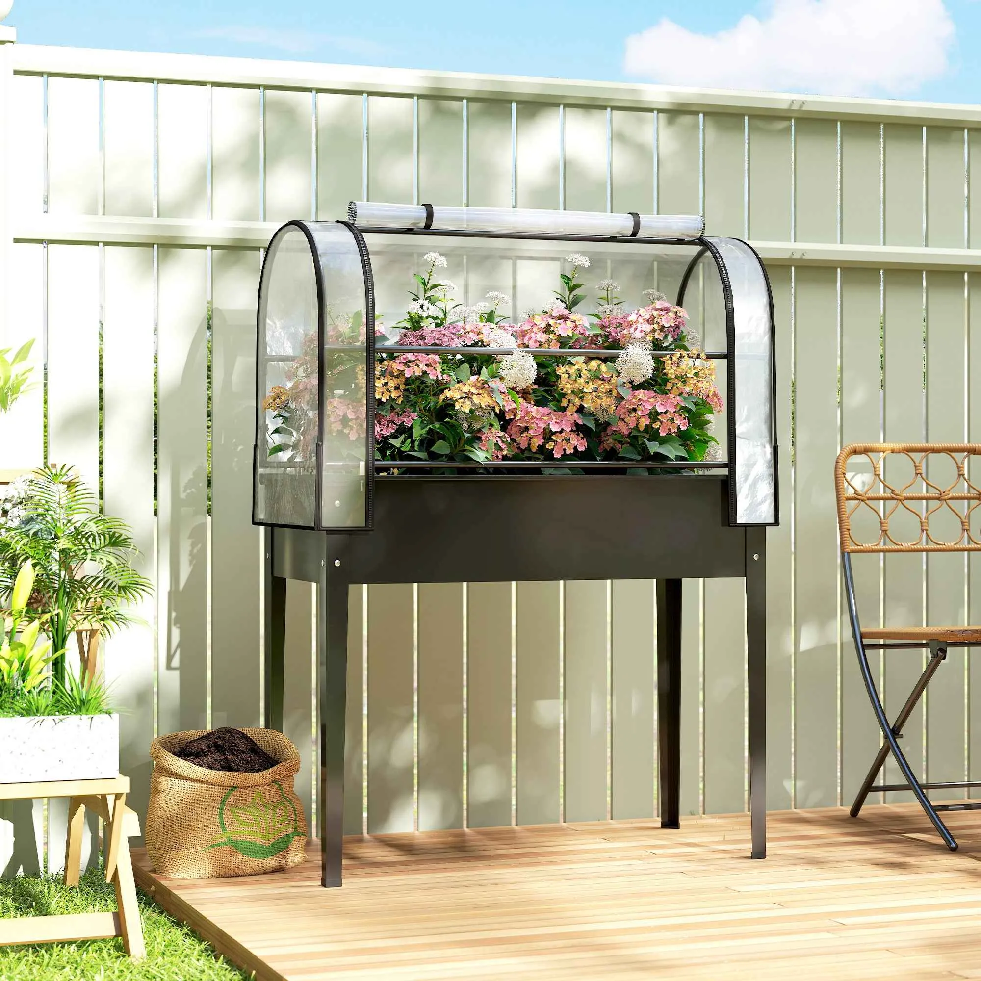 Outsunny Raised Vegetable Garden Bed with Mini Greenhouse Cover and Drainage Hole, 100x49x136 cm, Black - Image 2