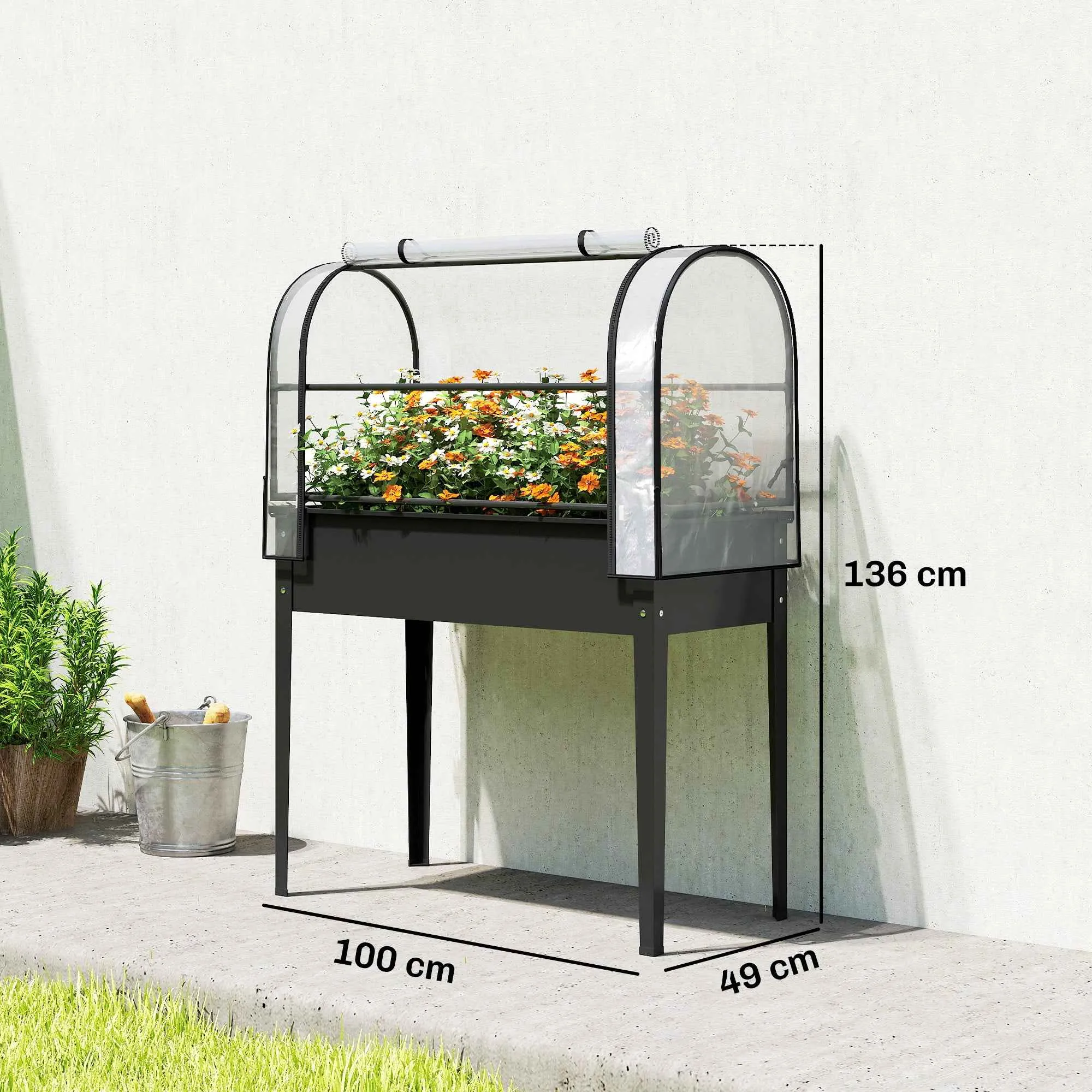Outsunny Raised Vegetable Garden Bed with Mini Greenhouse Cover and Drainage Hole, 100x49x136 cm, Black - Image 3