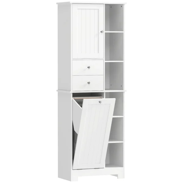 HOMCOM White Bathroom Cabinet, Tiltable Laundry Basket, Drawers