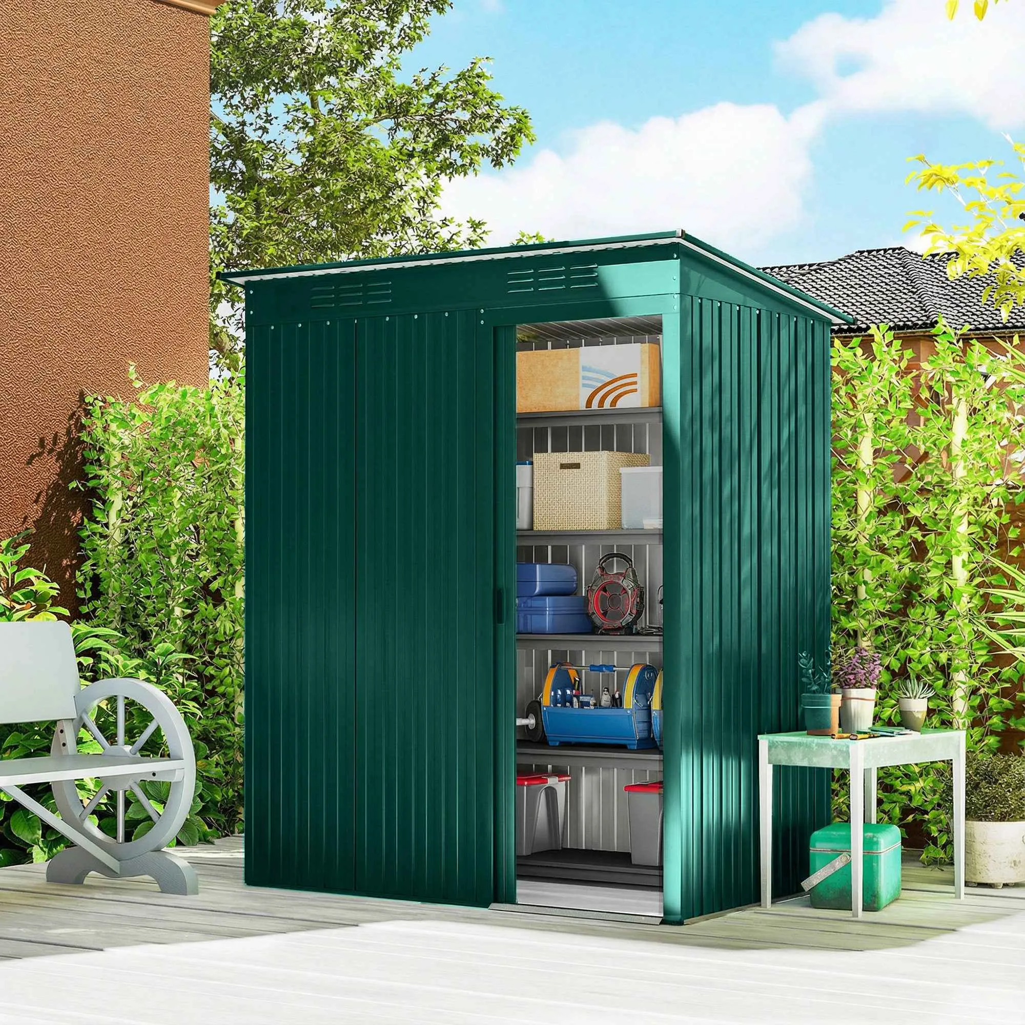Outsunny Metal Garden Shed with Vents and Sliding Door, 159x106x181 cm, Green - Image 2