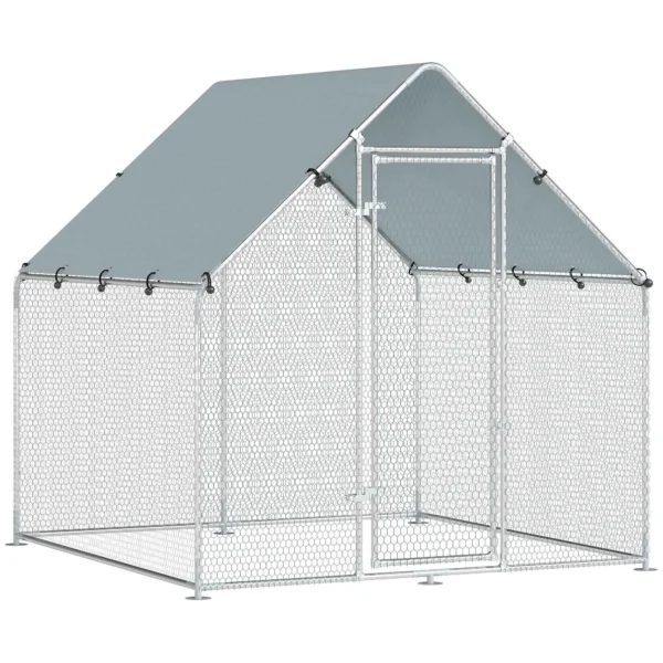 PawHut Outdoor Chicken Coop with Roof and Locks, Galvanized Steel, 2x2x2 m, Silver
