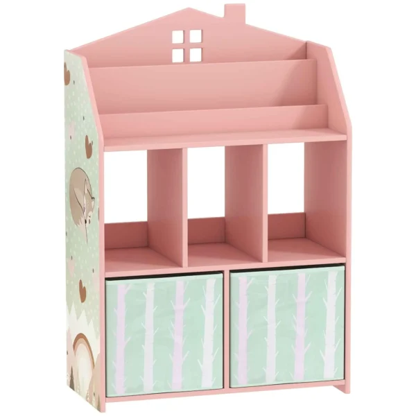 FSC Wooden Toy Storage Shelf for Children, 2 Removable Fabric Bins and Shelves, for Kids' Bedroom, Pink