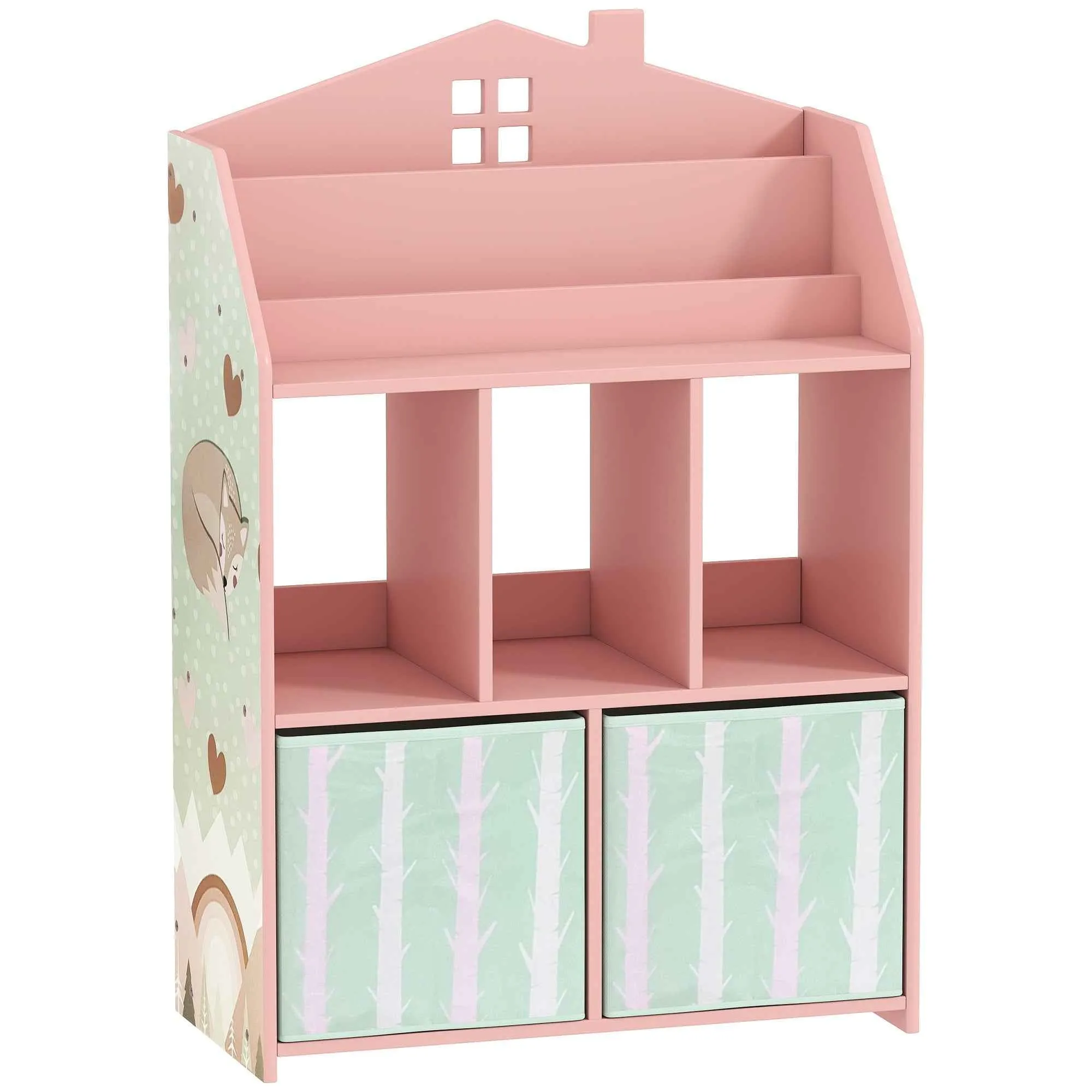 FSC Wooden Toy Storage Shelf for Children, 2 Removable Fabric Bins and Shelves, for Kids' Bedroom, Pink