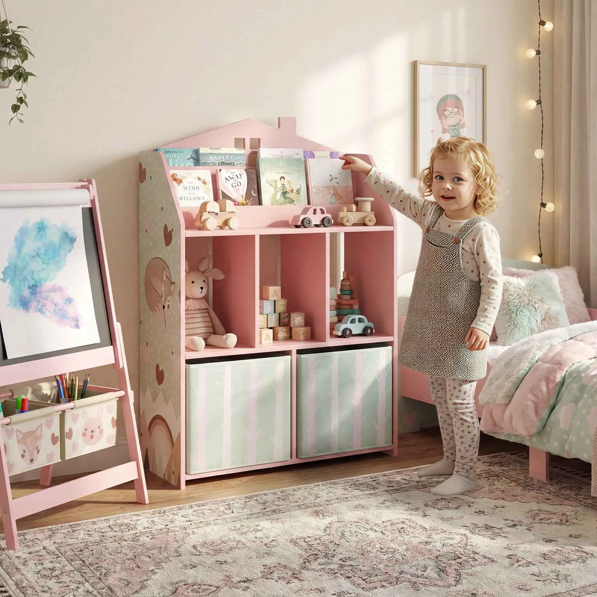 FSC Wooden Toy Storage Shelf for Children, 2 Removable Fabric Bins and Shelves, for Kids' Bedroom, Pink - Image 2