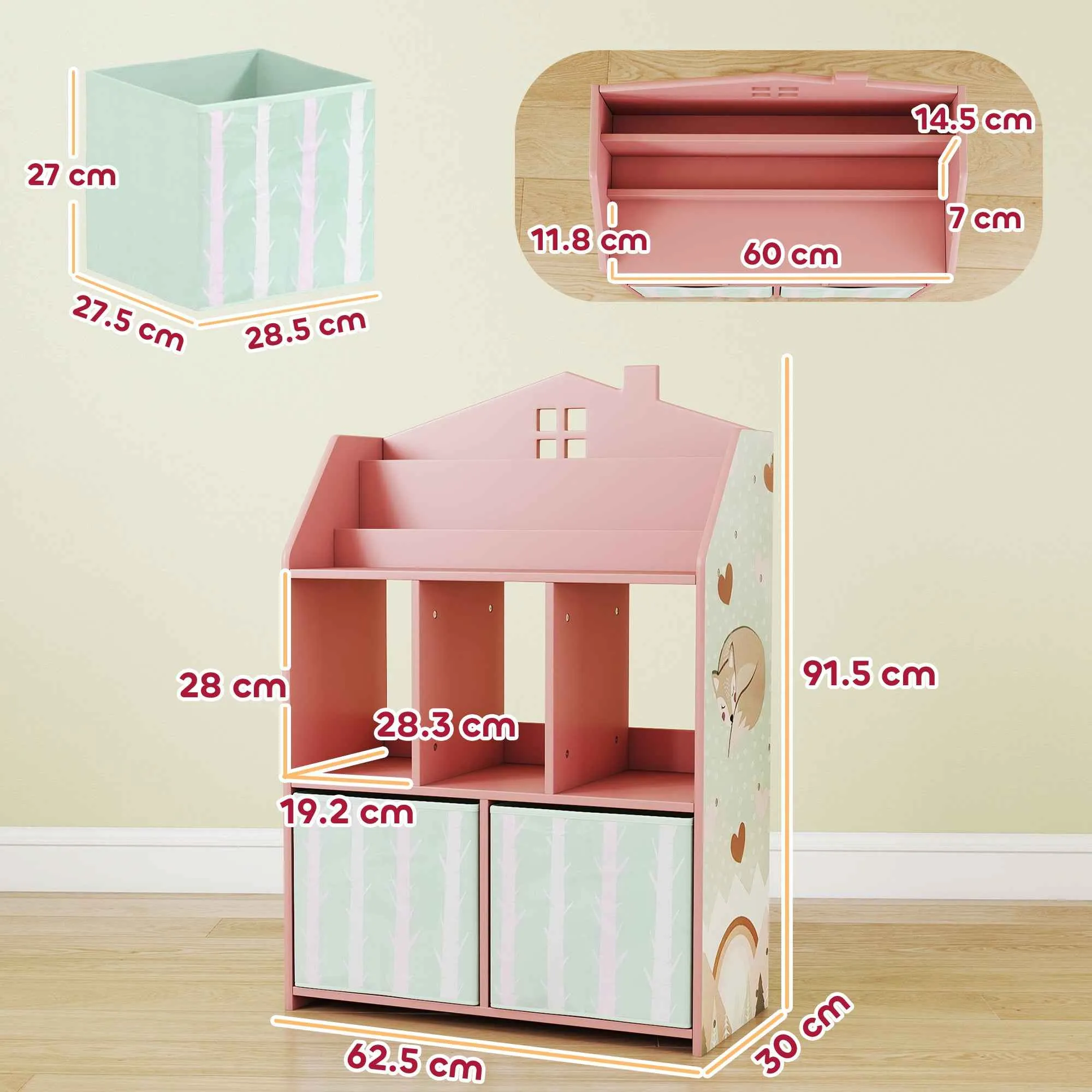 FSC Wooden Toy Storage Shelf for Children, 2 Removable Fabric Bins and Shelves, for Kids' Bedroom, Pink - Image 3