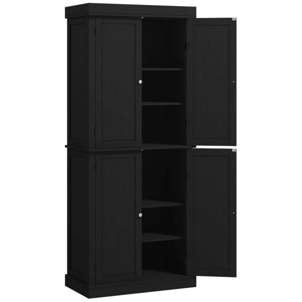 HOMCOM Tall Kitchen Cabinet with 6 Adjustable Shelves and 4 Wooden Doors, 76x40.5x184 cm, Black