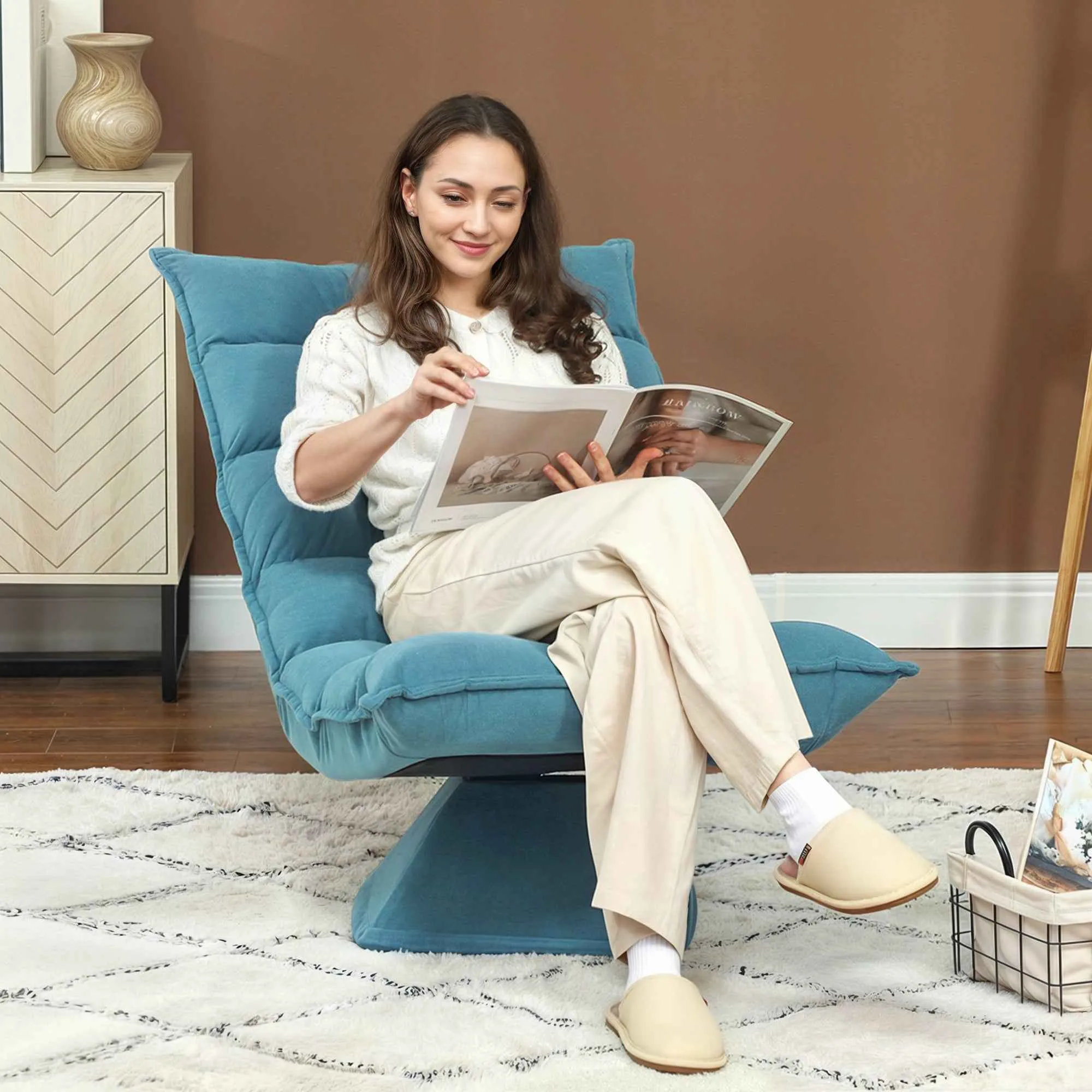 HOMCOM Velvet and Steel Swivel Relaxing Chair with 5-Position Adjustable Backrest, 62x70x95 cm, Blue - Image 2