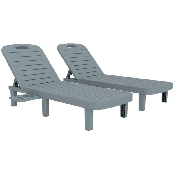 Outsunny Set of 2 Sun Loungers with Adjustable Backrest and Trays, in Polypropylene, 62x158x88 cm, Dark Grey